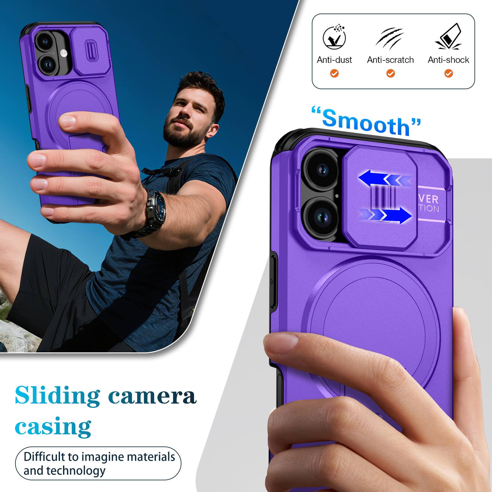 Anti-dust  
Anti-scratch  
Anti-shock  
"Smooth"  
Sliding camera casing  
Difficult to imagine materials and technology