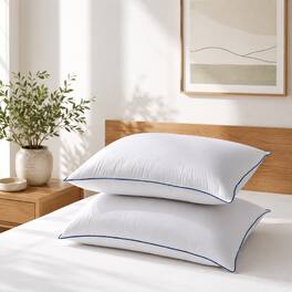 Peace Nest - Goose Feather Bed Pillows with Navy Piping Set of 2, Standard - White
