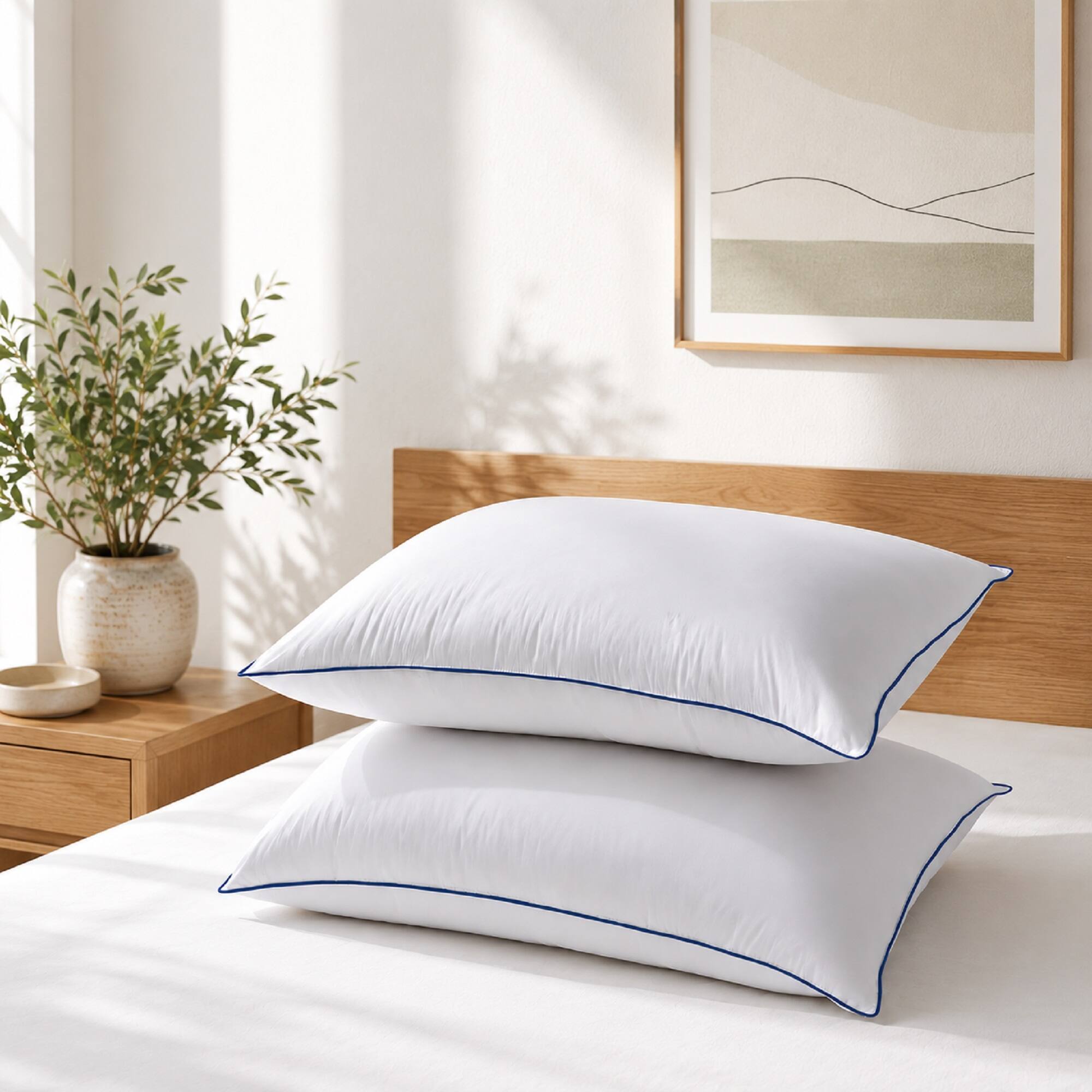 Front. Peace Nest - Peace Nest Goose Feather Bed Pillows with Navy Piping Set of 2, Standard - White.