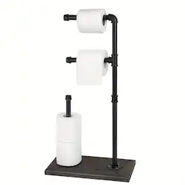 Oumilen - Industrial Pipe Freestanding Toilet Paper Holder – Double Roll Stand with Dark Wood Grain Base