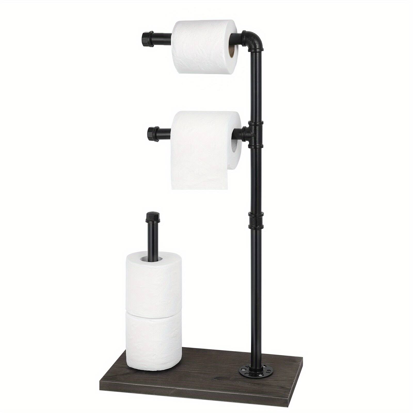 Front. Oumilen - Industrial Pipe Freestanding Toilet Paper Holder – Double Roll Stand with Dark Wood Grain Base.