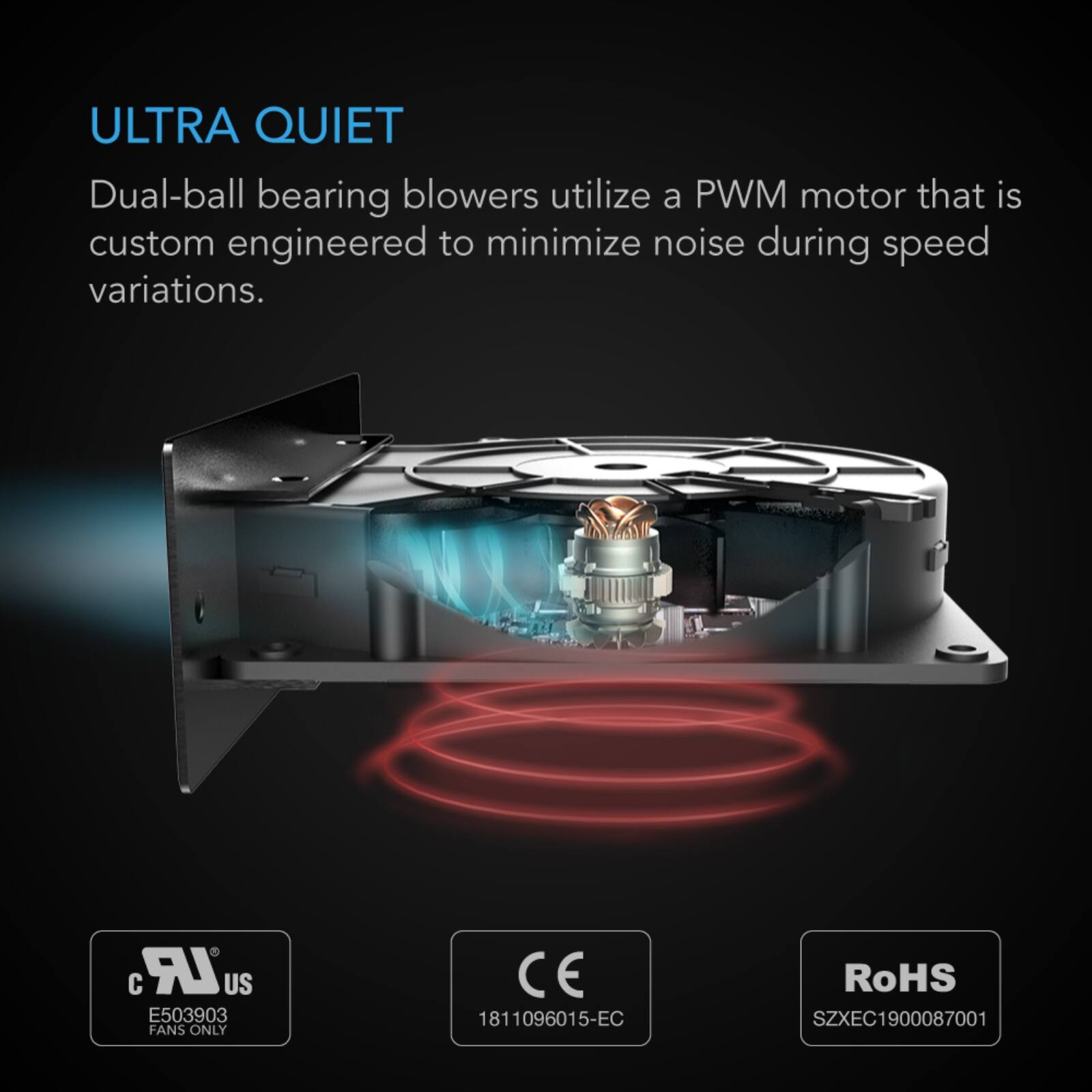 ULTRA QUIET  
Dual-ball bearing blowers utilize a PWM motor that is custom engineered to minimize noise during speed variations.  

UR US E503903 FANS ONLY  
CE 1811096015-EC  
RoHS SZXEC1900087001