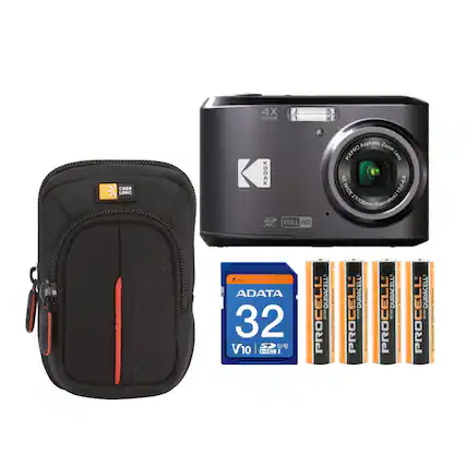 The image features a Kodak Pixpro camera with a wide-angle lens, a case, and a pack of Duracell Procell batteries. The camera is displayed alongside the batteries, which are arranged in a row. The case is placed next to the camera, completing the setup for a photography session.