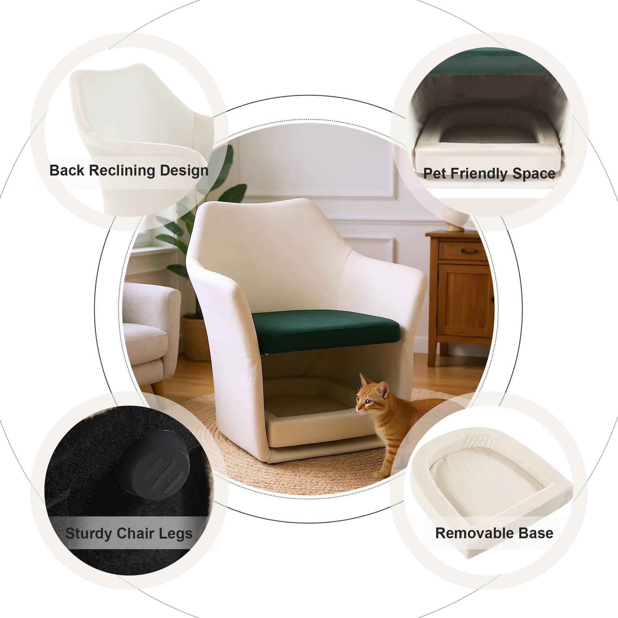 - Back Reclining Design
- Pet Friendly Space
- Sturdy Chair Legs
- Removable Base