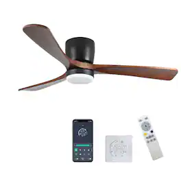 LUCKY ONE - 42" Flush Mount Ceiling Fan with Light Remote 6-Speed Wood Blades - Black