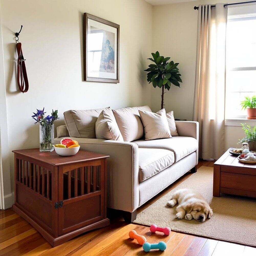 Alt View 4. FurniFact - Walnut Dog Kennel Furniture with Gate, Solid Wood Dog Crate End Table - Walnut.