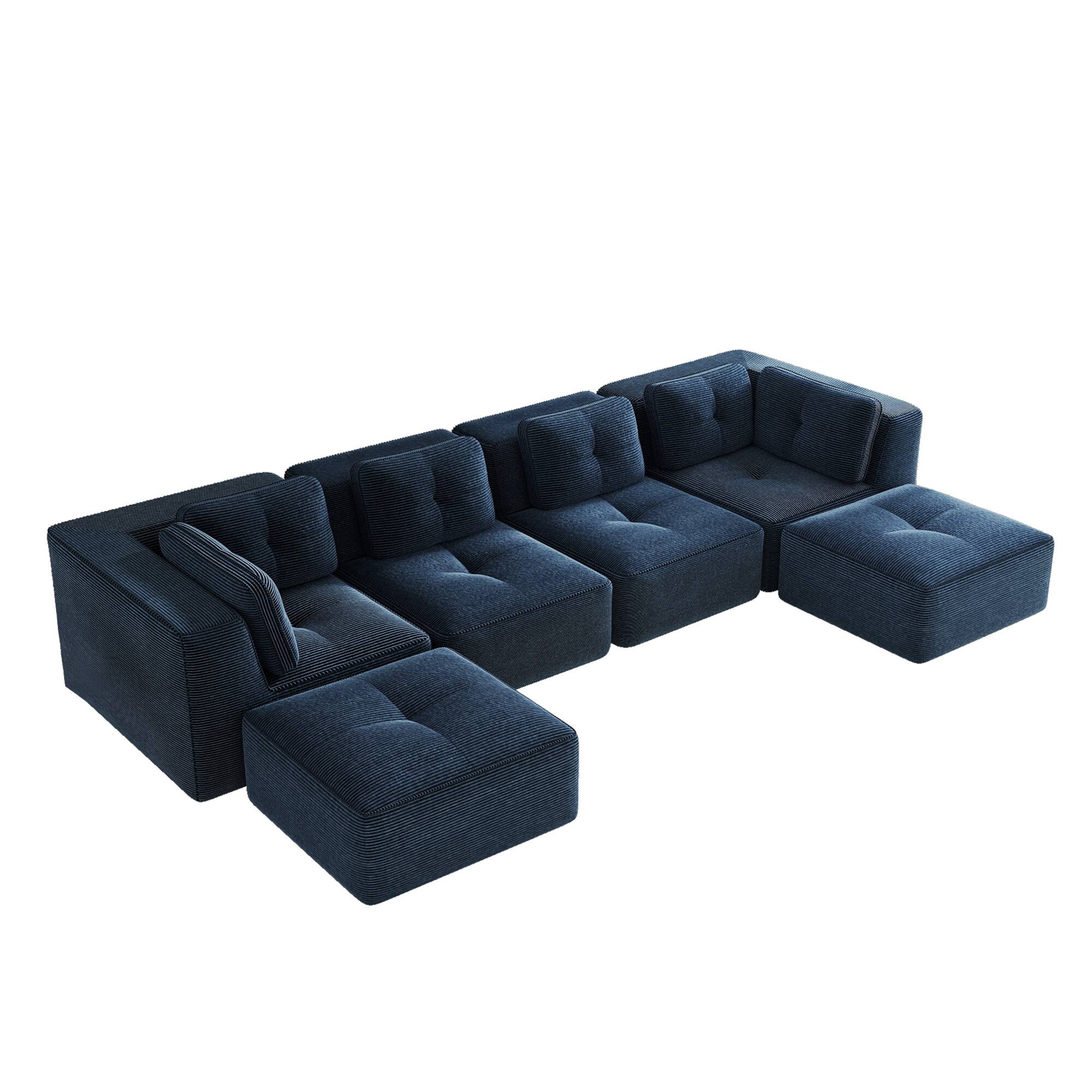 Back. LOVMOR - 3 Seater Corduroy Sectional Couch Modular Deep Seat Storage Ottoman No Assembly Compressed Pack Tufted For Den - Blue.