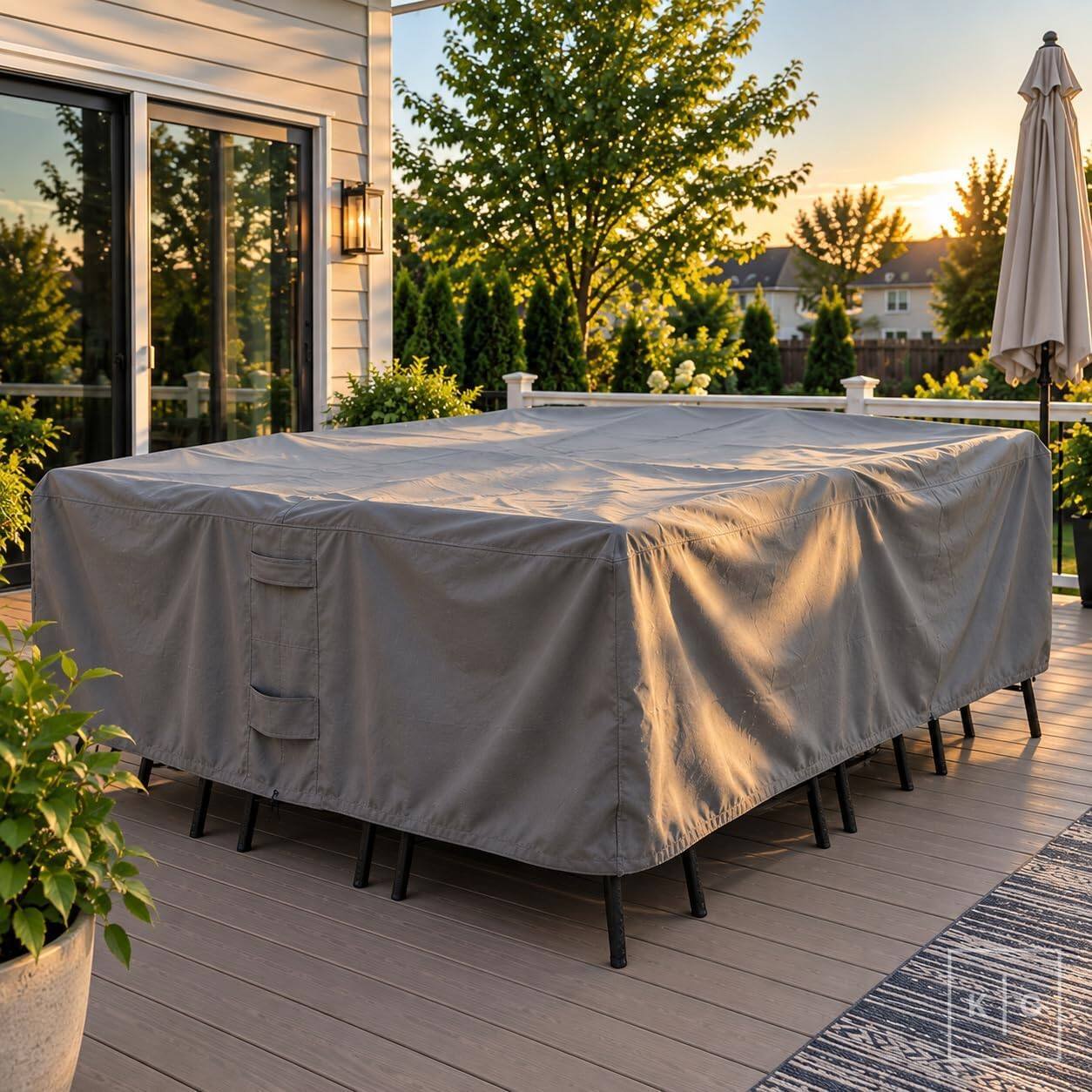 Back. KHOMO GEAR - Patio Furniture Cover Waterproof, Rectangular Outdoor Table and Chair Set Cover, Fits 6-8 Chairs - 128"L x 82"W x 25"H - Gray.