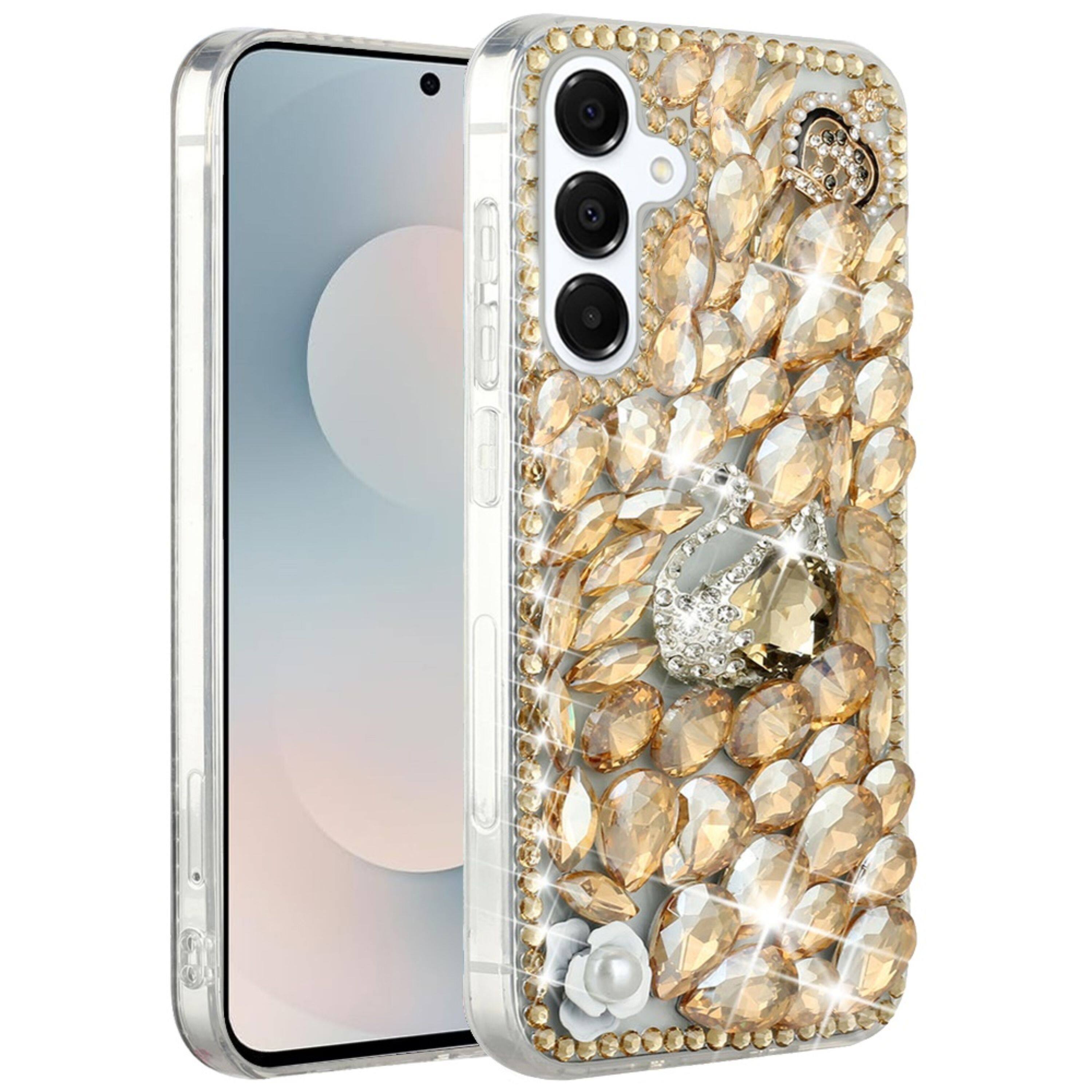 Angle. Kitcheniva - Full Diamond Bling 3D Jewel Ornaments Plus Tempered Glass For Samsung S25 FE Gold Swan Crown Pearl - Multicolor.