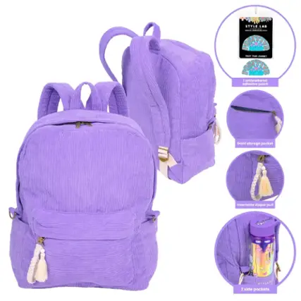 The image features a purple backpack with a front storage pocket and two side pockets. The backpack is embroidered with a patch and has a zipper pull. The backpack is displayed in different angles, showcasing its features and design.