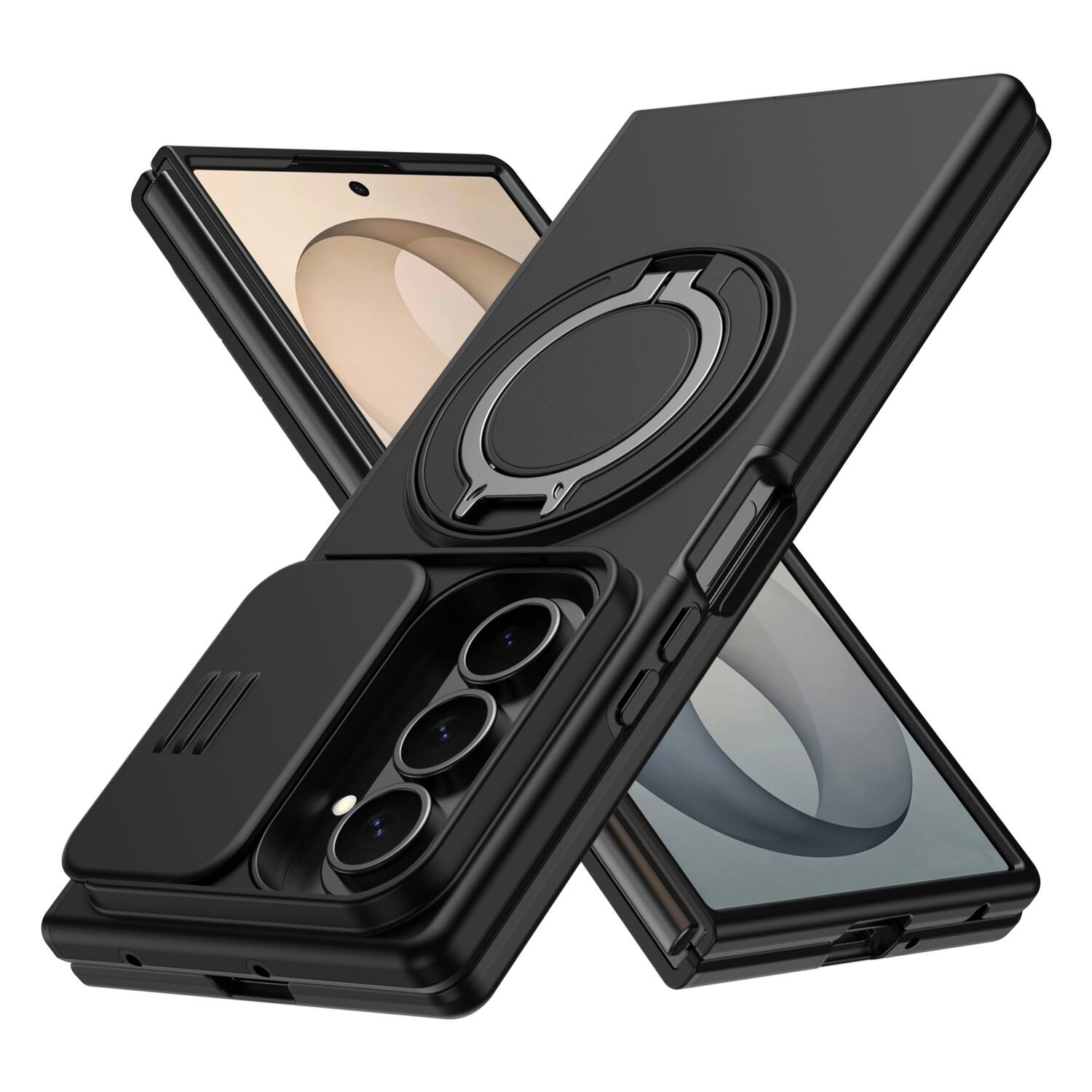 Alt View 4. Dteck - Heavy Duty Case for Samsung Galaxy Z Fold8 Ultra w/ Foldable Ring Stand,Bulit in Slide Lens Cover,Fit Magnetic Car Mount - Black.