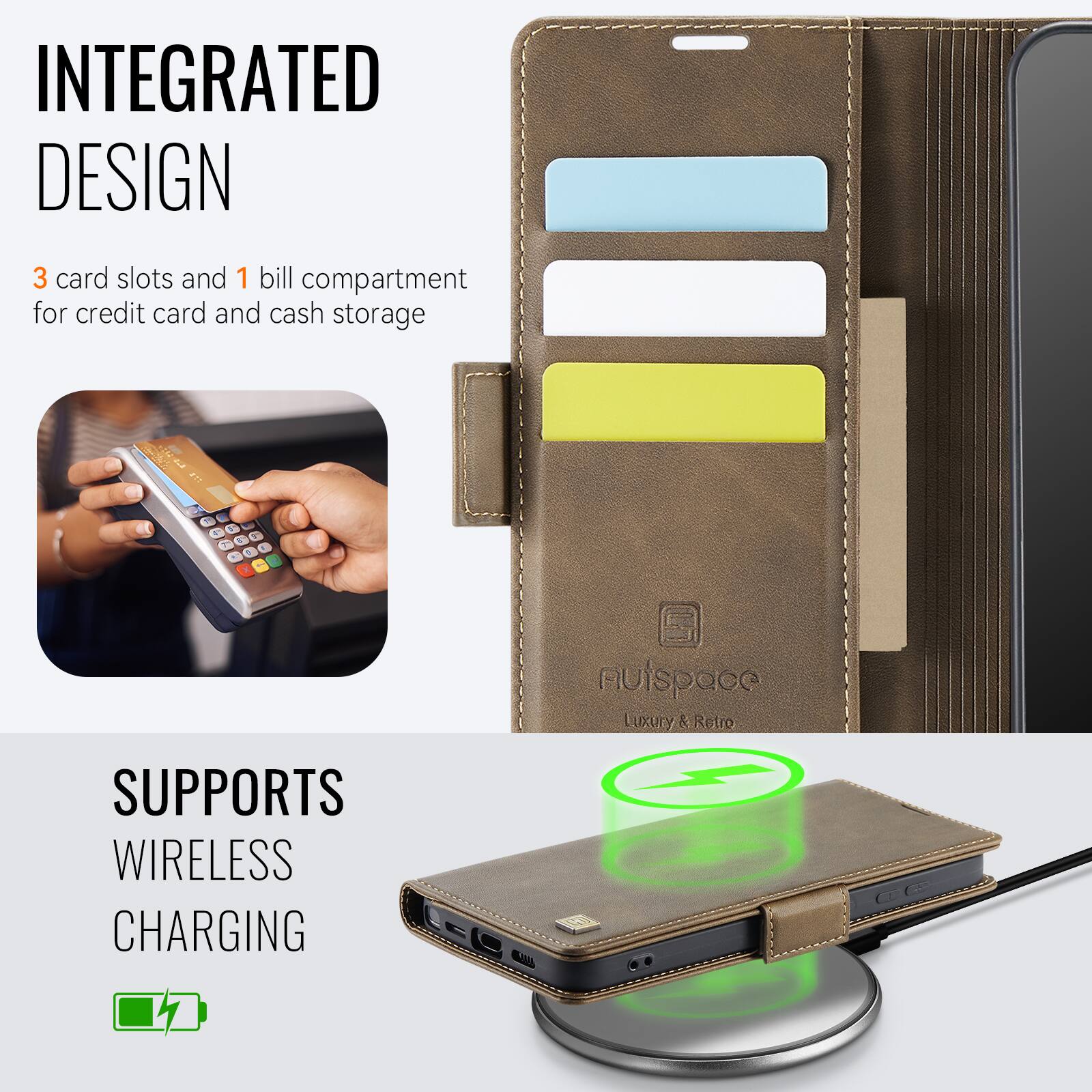 INTEGRATED DESIGN  
3 card slots and 1 bill compartment for credit card and cash storage  

SUPPORTS WIRELESS CHARGING