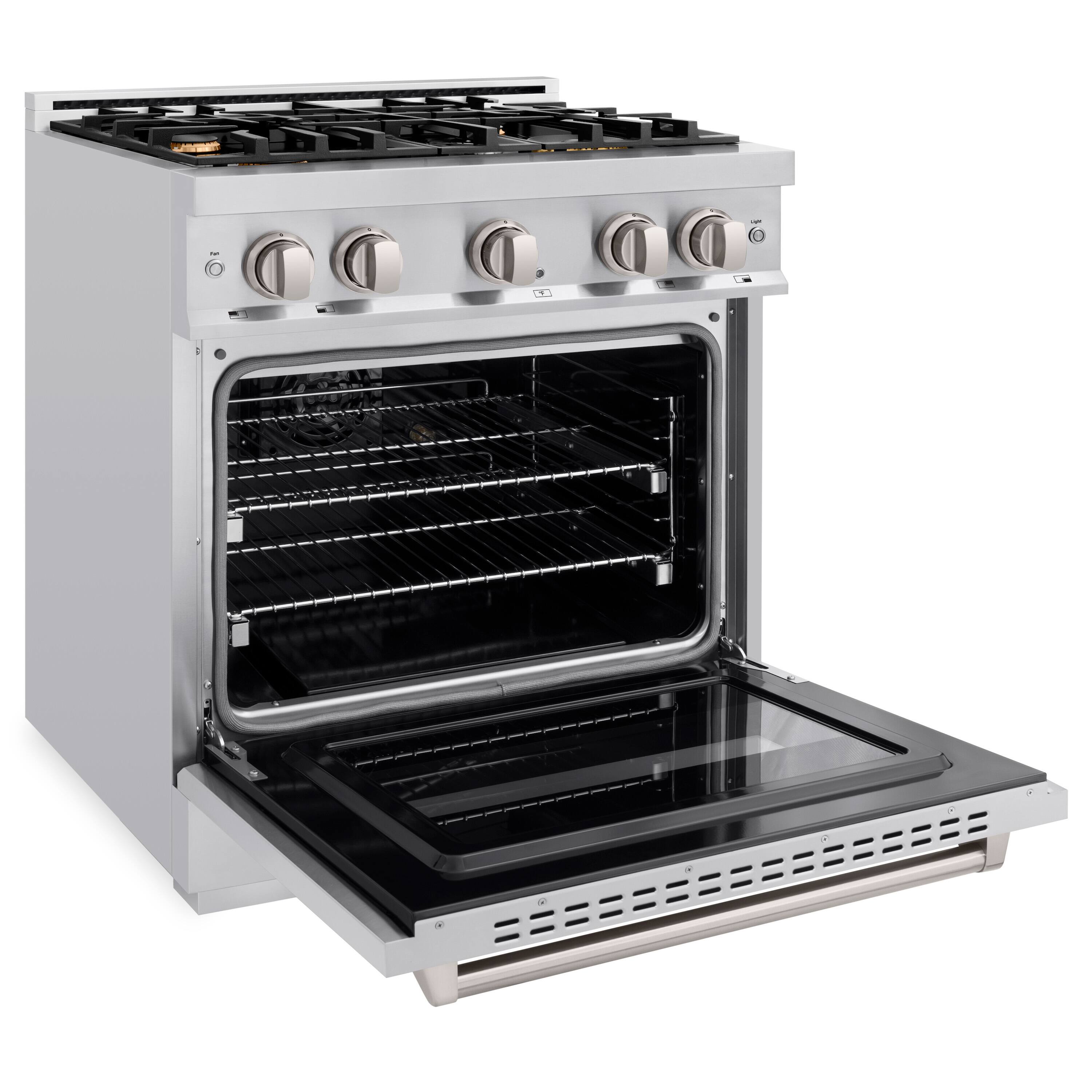 Left. ZLINE - 30" Classic Gas Range with Convection Oven with 4 Brass Burners (CGR-BR-30) - Stainless Steel.