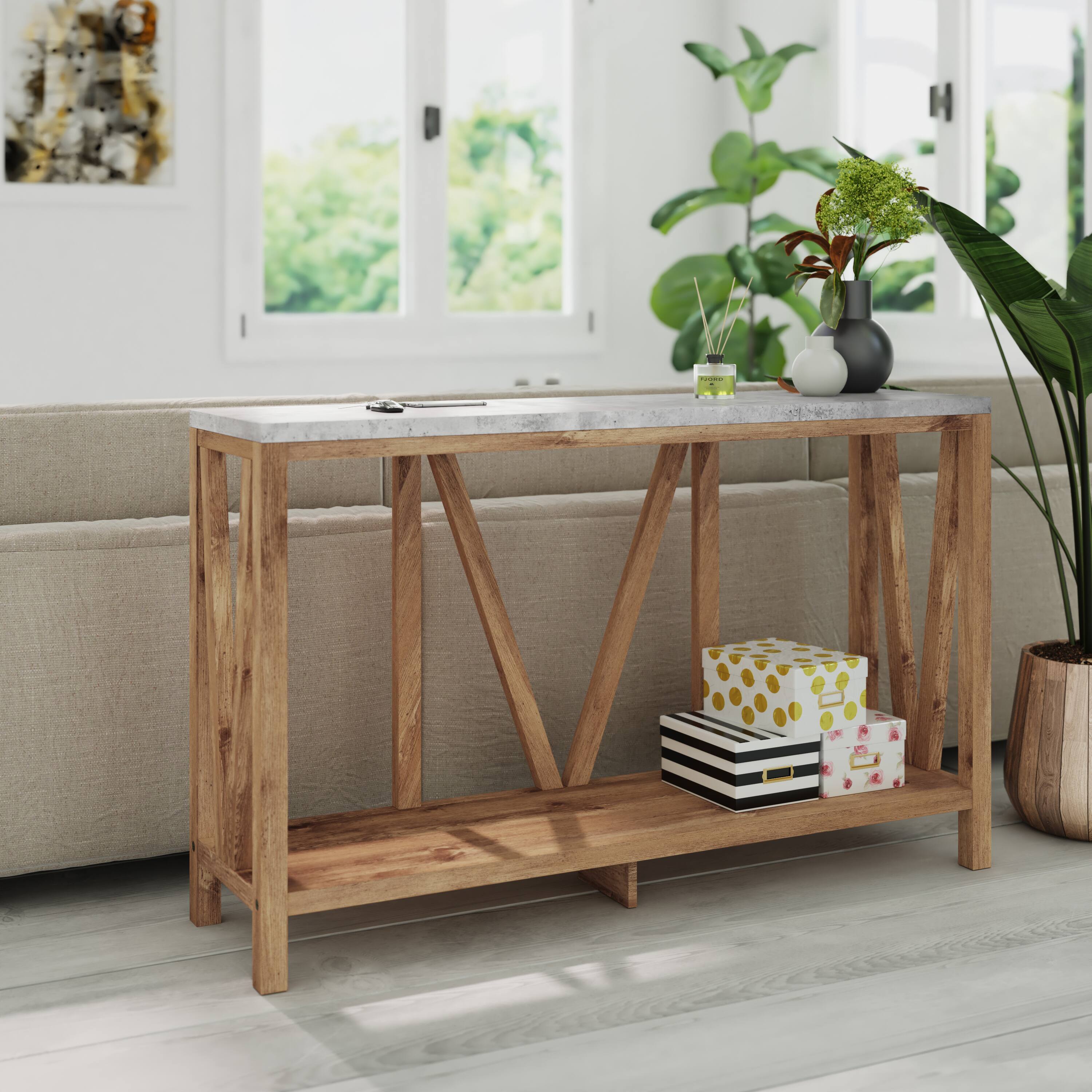 Alt View 3. Emma + Oliver - Owen Modern Farmhouse Entryway Console Accent Table - Concrete Top/Warm Oak Frame.
