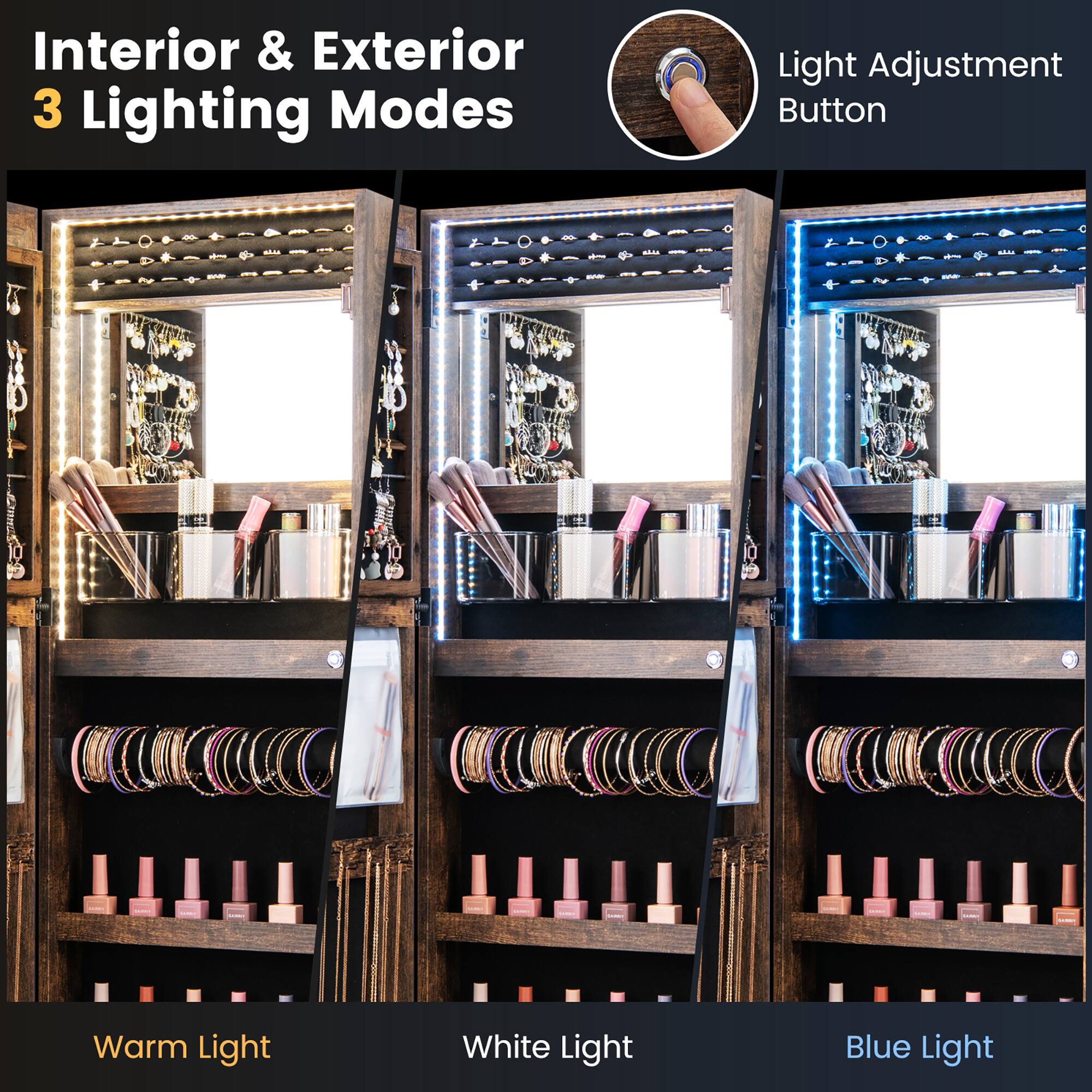 Interior & Exterior  
3 Lighting Modes  

Light Adjustment Button  

Warm Light  
White Light  
Blue Light