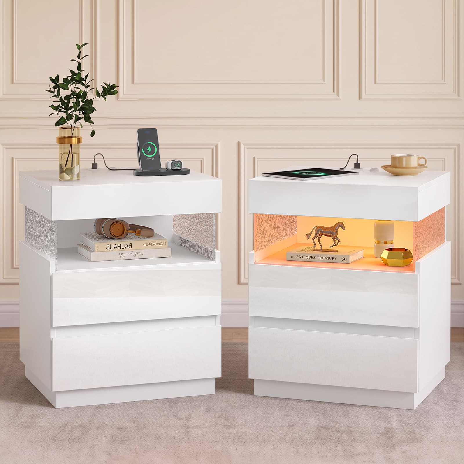 Pinmoco - Modern Nightstands with 2-Drawer Nightstand, Bedside Table with Charging Ports, Nightstand Set for Bedroom Decor - White