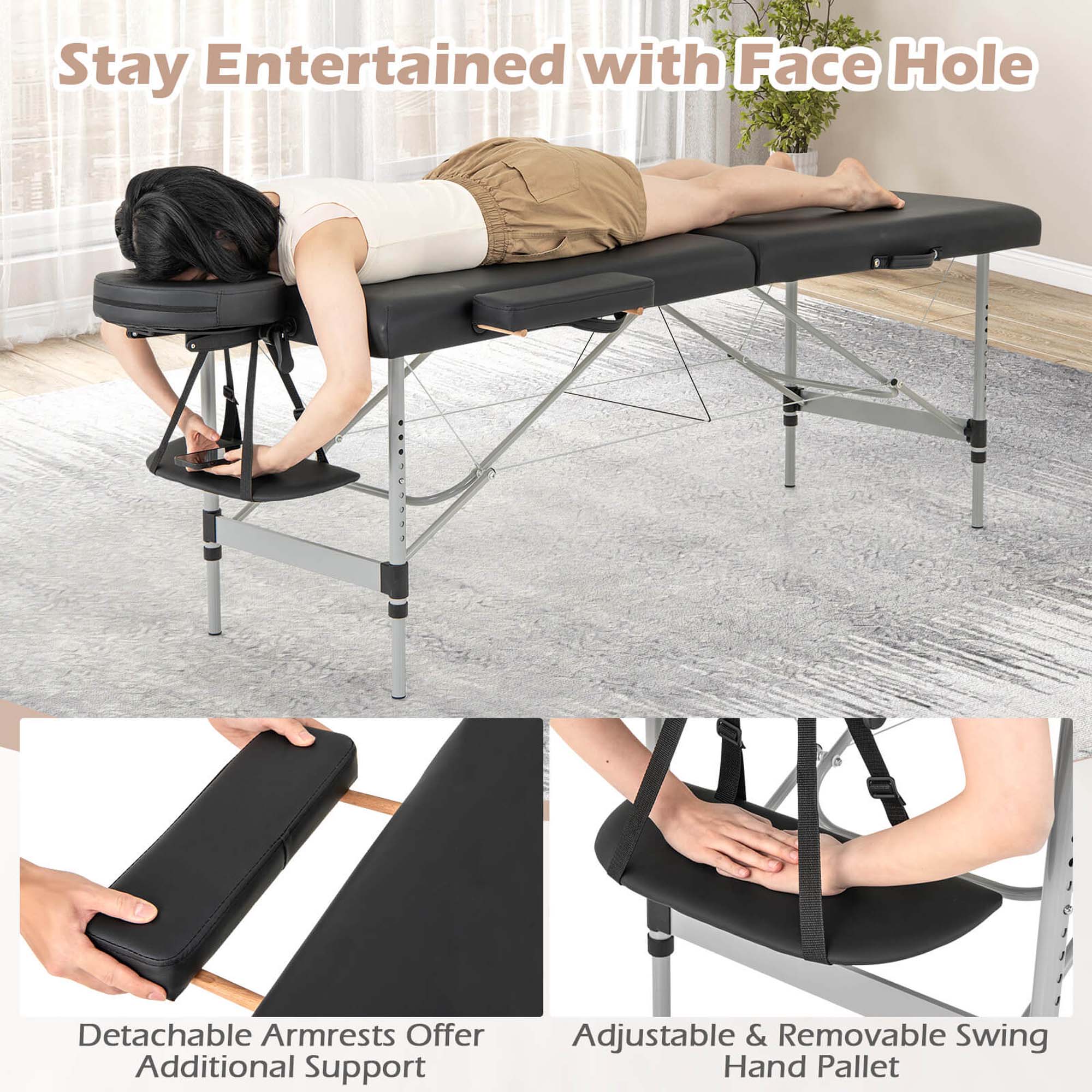 Stay Entertained with Face Hole

Detachable Armrests Offer Additional Support

Adjustable & Removable Swing Hand Pallet