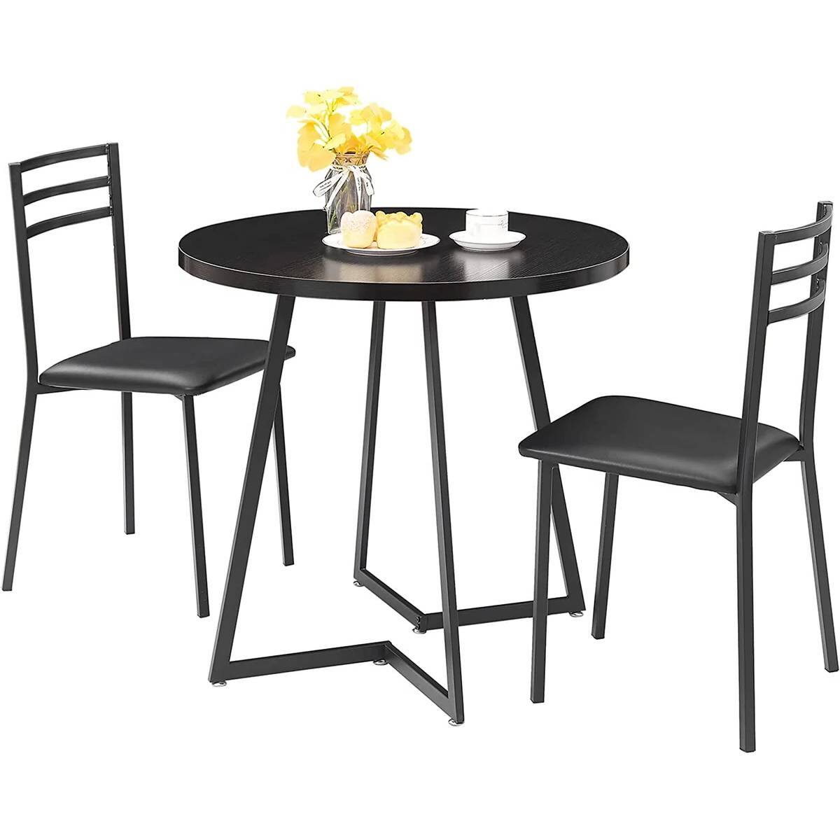 SlickBlue - Modern 3-Piece Kitchen Dining Set with Round Wood Table and 2 Chairs - Black