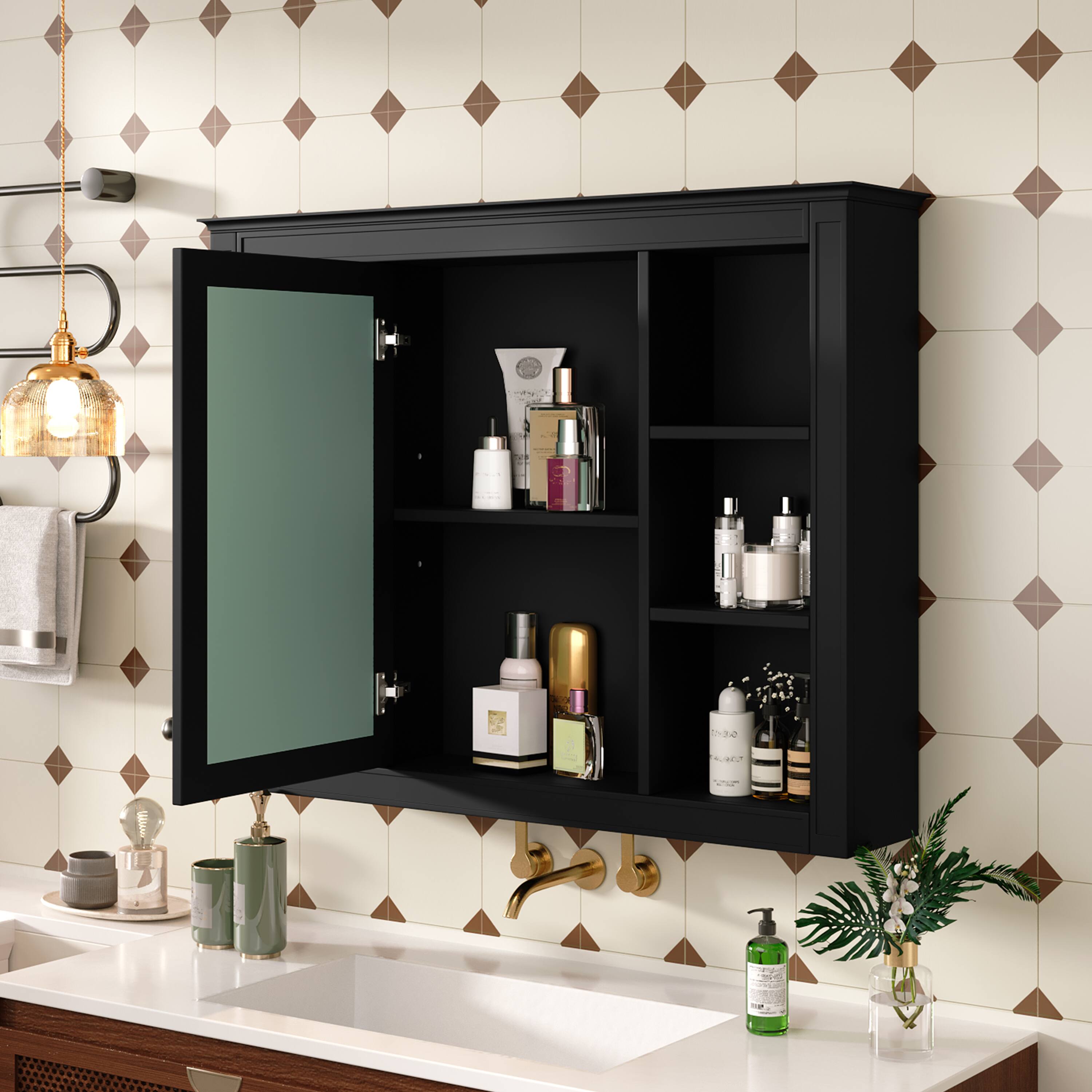 Alt View 1. APRILSOUL - 35'' x 27.5'' Medicine Cabinet Wall Mounted Bathroom Storage Cabinet Modern Bathroom Wall Cabinet with Mirror - Black.