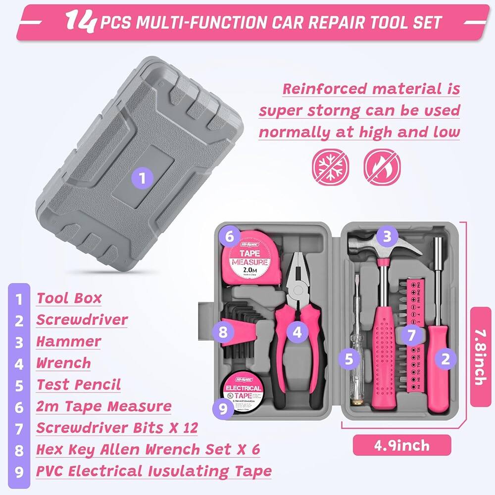 14 PCS MULTI-FUNCTION CAR REPAIR TOOL SET

Reinforced material is super strong can be used normally at high and low

1. Tool Box
2. Screwdriver
3. Hammer
4. Wrench
5. Test Pencil
6. 2m Tape Measure
7. Screwdriver Bits X 12
8. Hex Key Allen Wrench Set X 6
9. PVC Electrical Insulating Tape

- 14 PCS MULTI-FUNCTION CAR REPAIR TOOL SET
- Reinforced material is super strong can be used normally at high and low
- 1. Tool Box
- 2. Screwdriver
- 3. Hammer
- 4. Wrench
- 5. Test Pencil
- 6. 2m Tape Measure
- 7. Screwdriver Bits X 12
- 8. Hex Key Allen Wrench Set X 6
- 9. PVC Electrical Insulating Tape

- 4.9inch
- 7.8inch