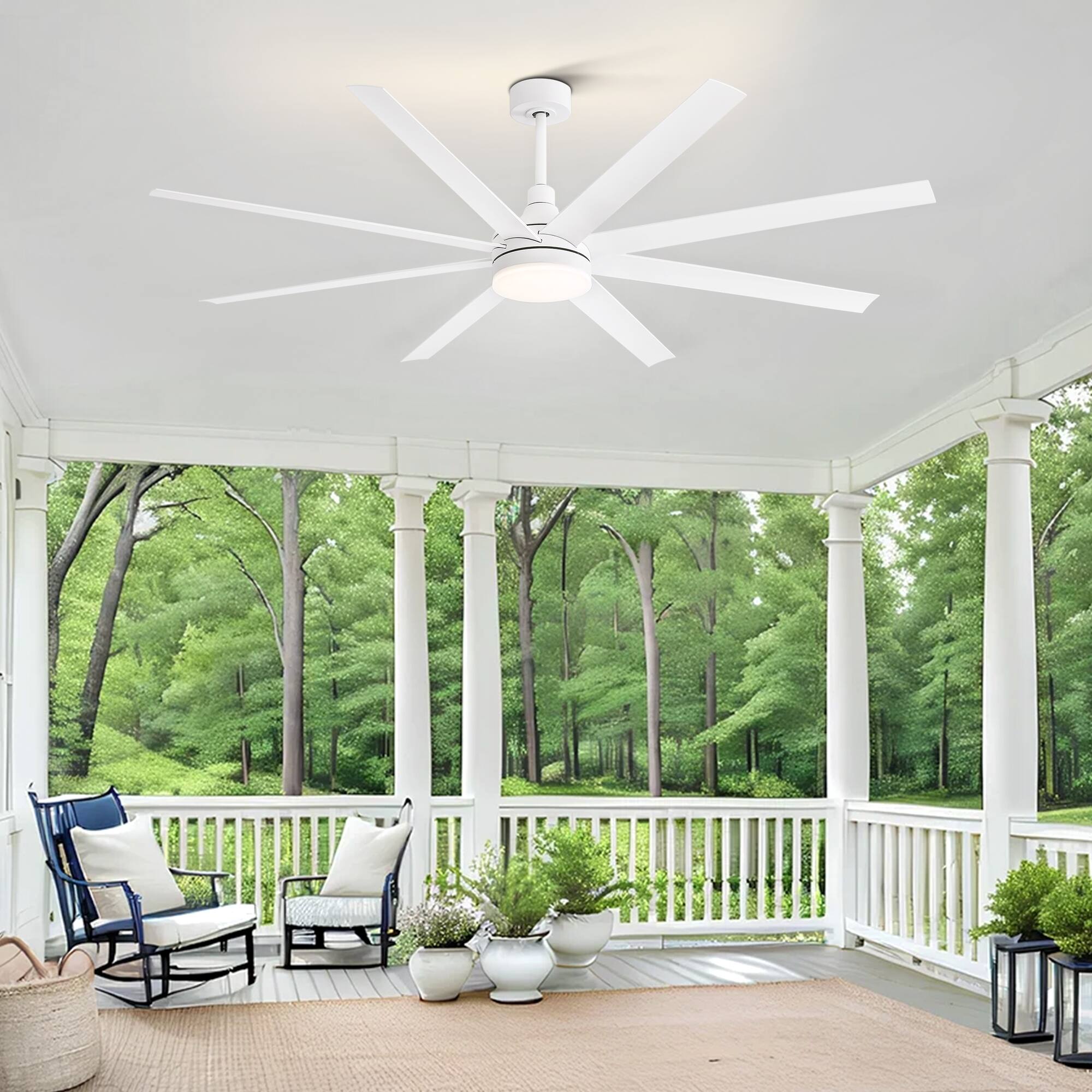 Alt View 1. Breezary - 72" Large Indoor Ceiling Fan with Remote, 8 ABS Blades, 6-Speed DC Motor, Timer, 7''/12''Downrods, Light/No Light Option - Matte White (Without Light).