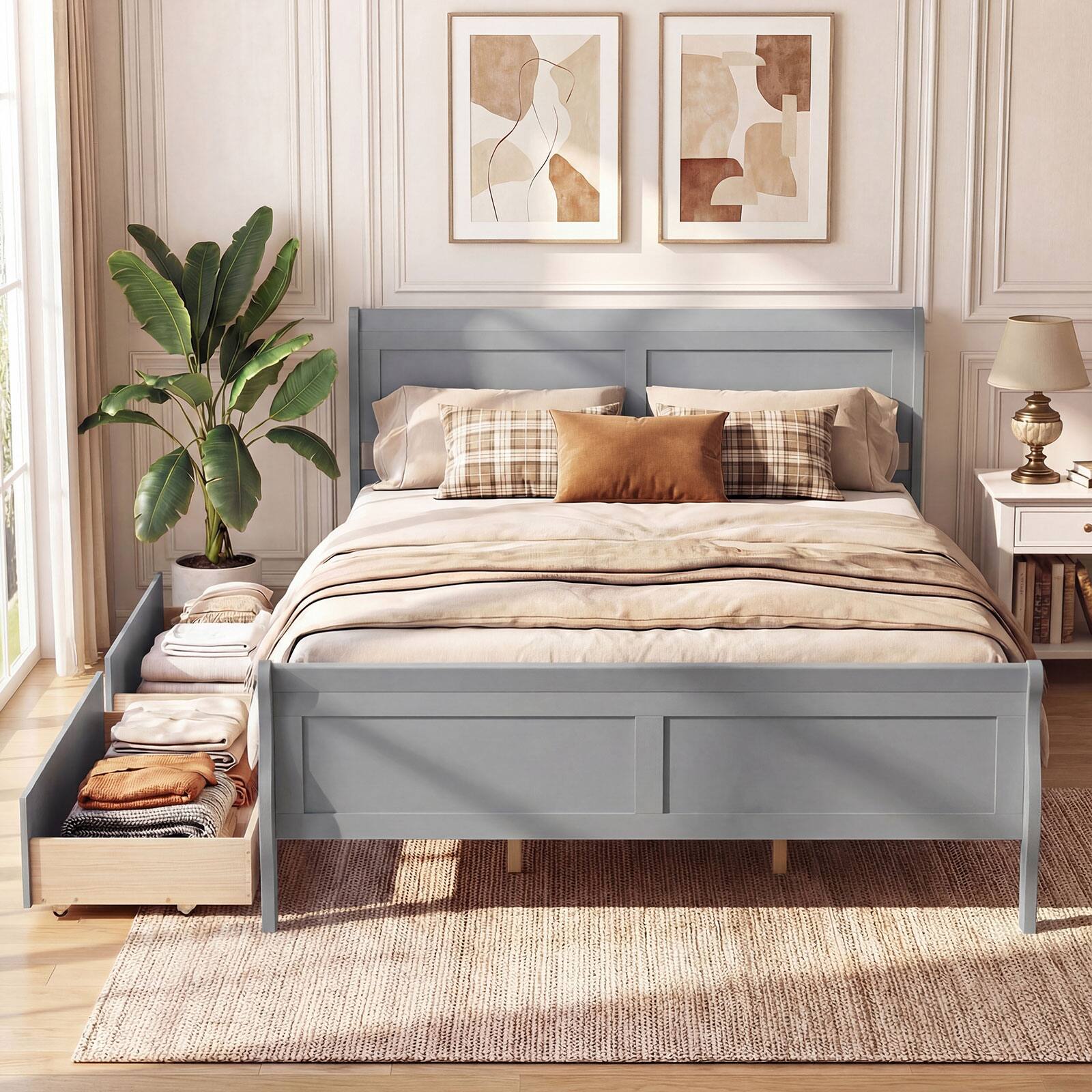Alt View 3. Costway - Costway Queen Size Bed Frame with Storage Drawers, Wood Platform Bed with Headboard Footboard - Gray.