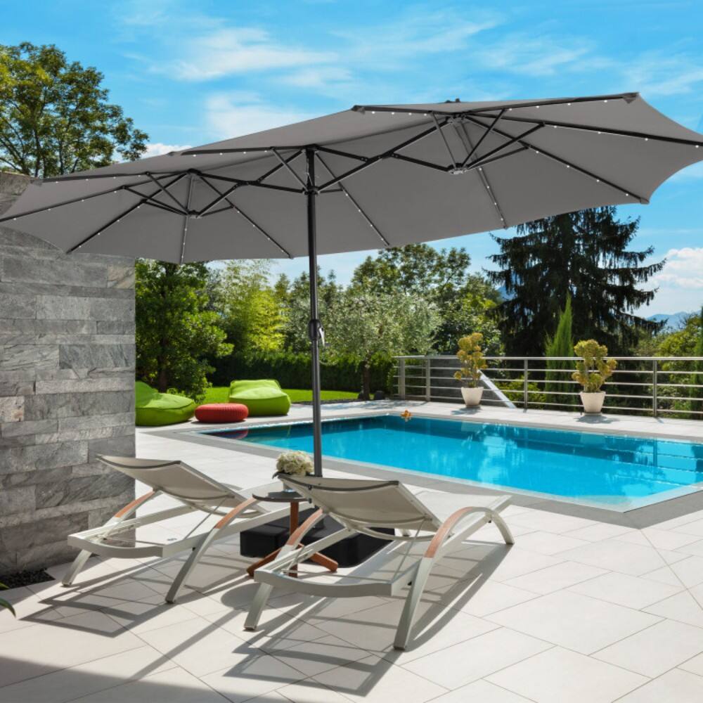 Left. Mondawe - 15 Feet Double-Sided Patio Umbrella with 48 LED Lights - Gray.