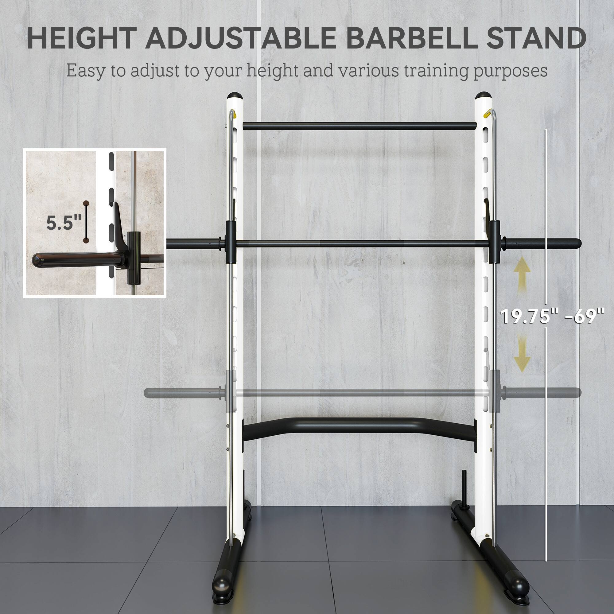 HEIGHT ADJUSTABLE BARBELL STAND  
Easy to adjust to your height and various training purposes  

5.5"  
19.75" - 69"