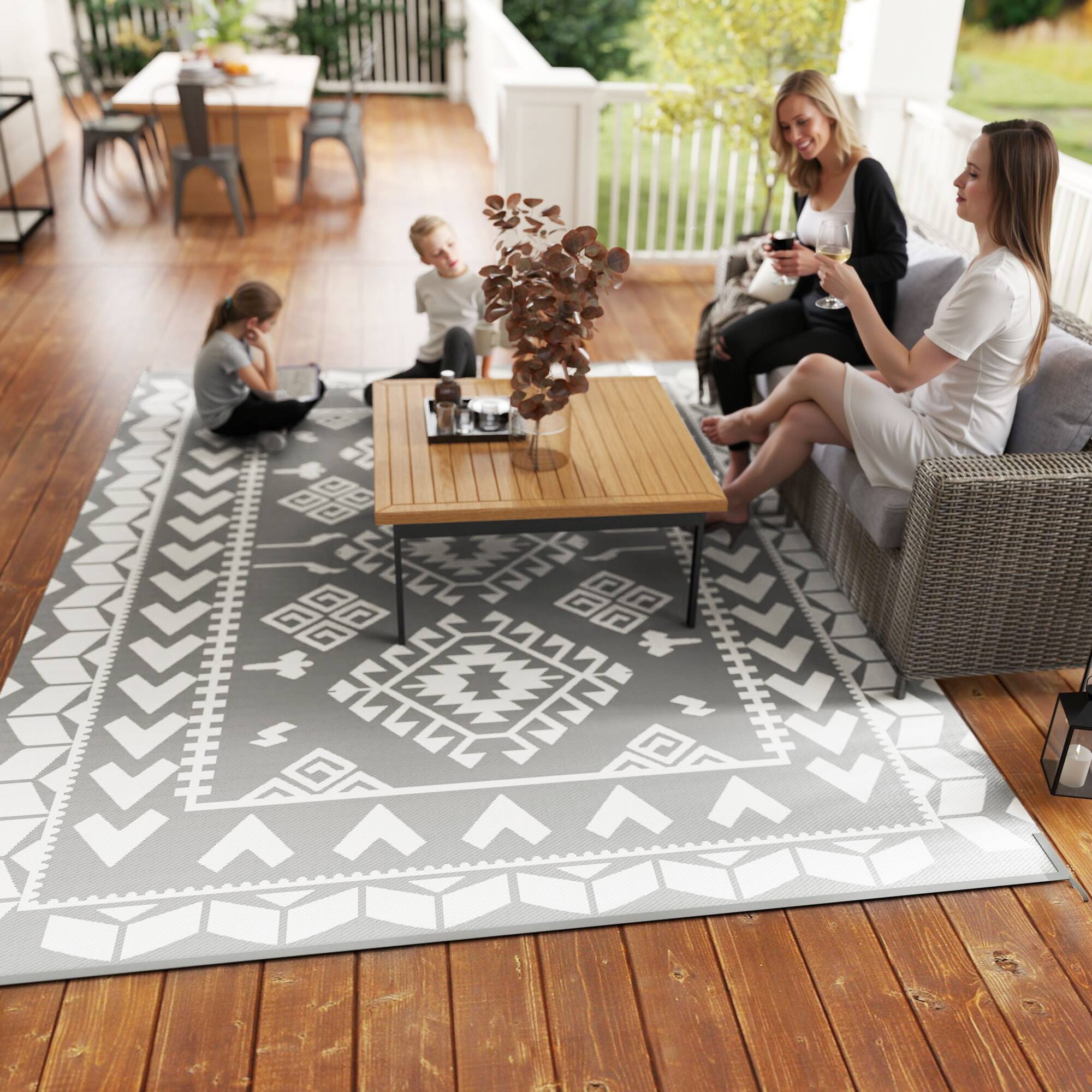 Alt View 8. Outsunny - Outdoor Rug for Patio, 9' x 12' Waterproof Large Mat, Reversible Plastic Straw Rug for Décor - Gray and White Rhombus Patchwork.