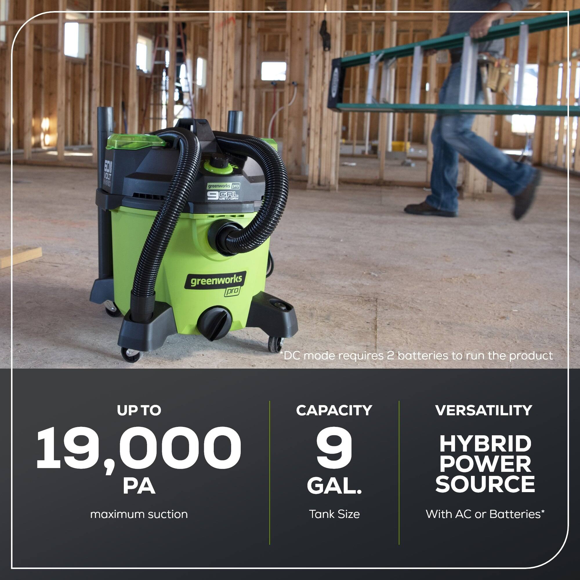 KCE R gewods YD CAL Adds greenworks prO DC mode requires 2 batteries to run the product UP TO CAPACITY 19,000 PA GAL. VERSATILITY HYBRID POWER SOURCE maximum suction Tank Size With AC or Batteries*
