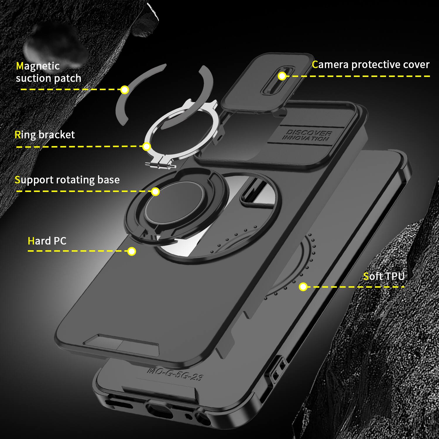 Magnetic suction patch  
Camera protective cover  
Ring bracket  
DISCOVER INNOVATION  
Support rotating base  
Hard PC  
Soft TPU  
MO-G-5G-23