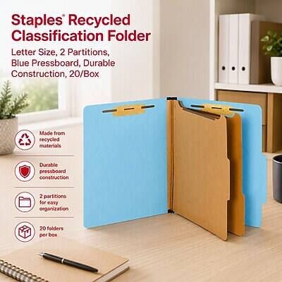 Staples Recycled Classification Folder Letter Size, 2 Partitions, Blue Pressboard, Durable Construction, 20/Box

Made from recycled materials
Durable pressboard construction
2 partitions for easy organization
20 folders per box