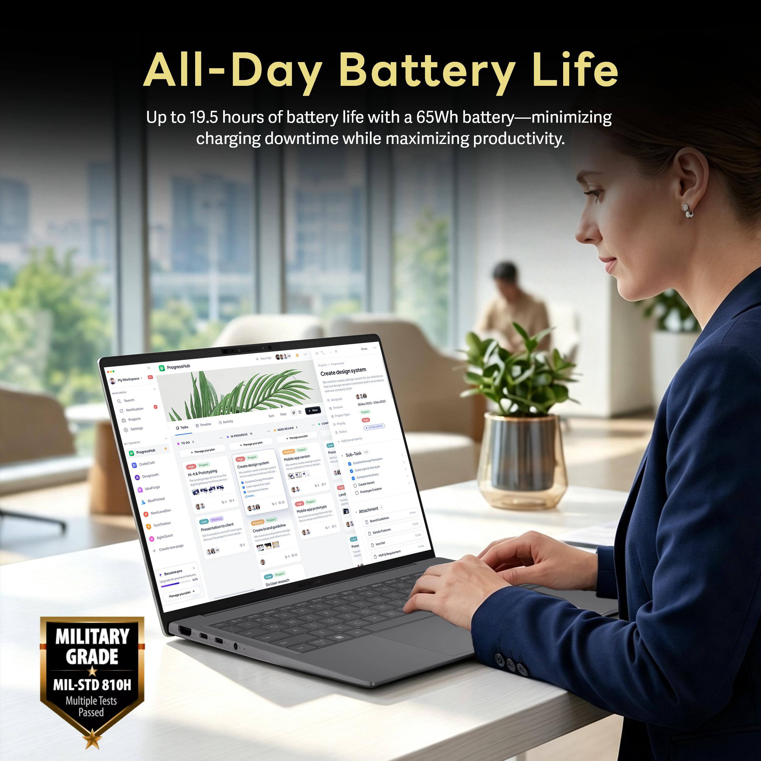 All-Day Battery Life  
Up to 19.5 hours of battery life with a 65Wh battery—minimizing charging downtime while maximizing productivity.  

MILITARY GRADE  
MIL-STD 810H  
Multiple Tests Passed