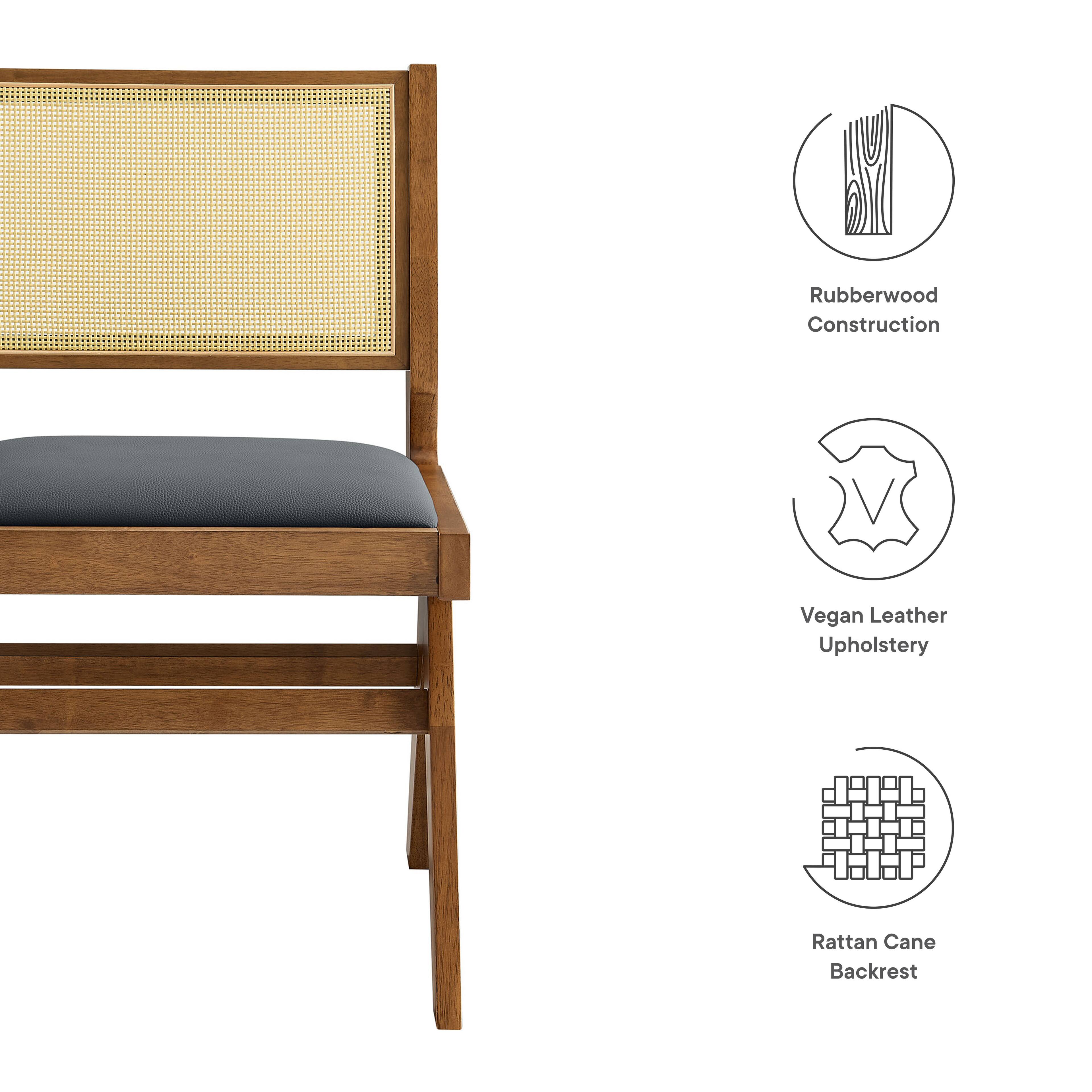 - Rubberwood Construction
- Vegan Leather Upholstery
- Rattan Cane Backrest
