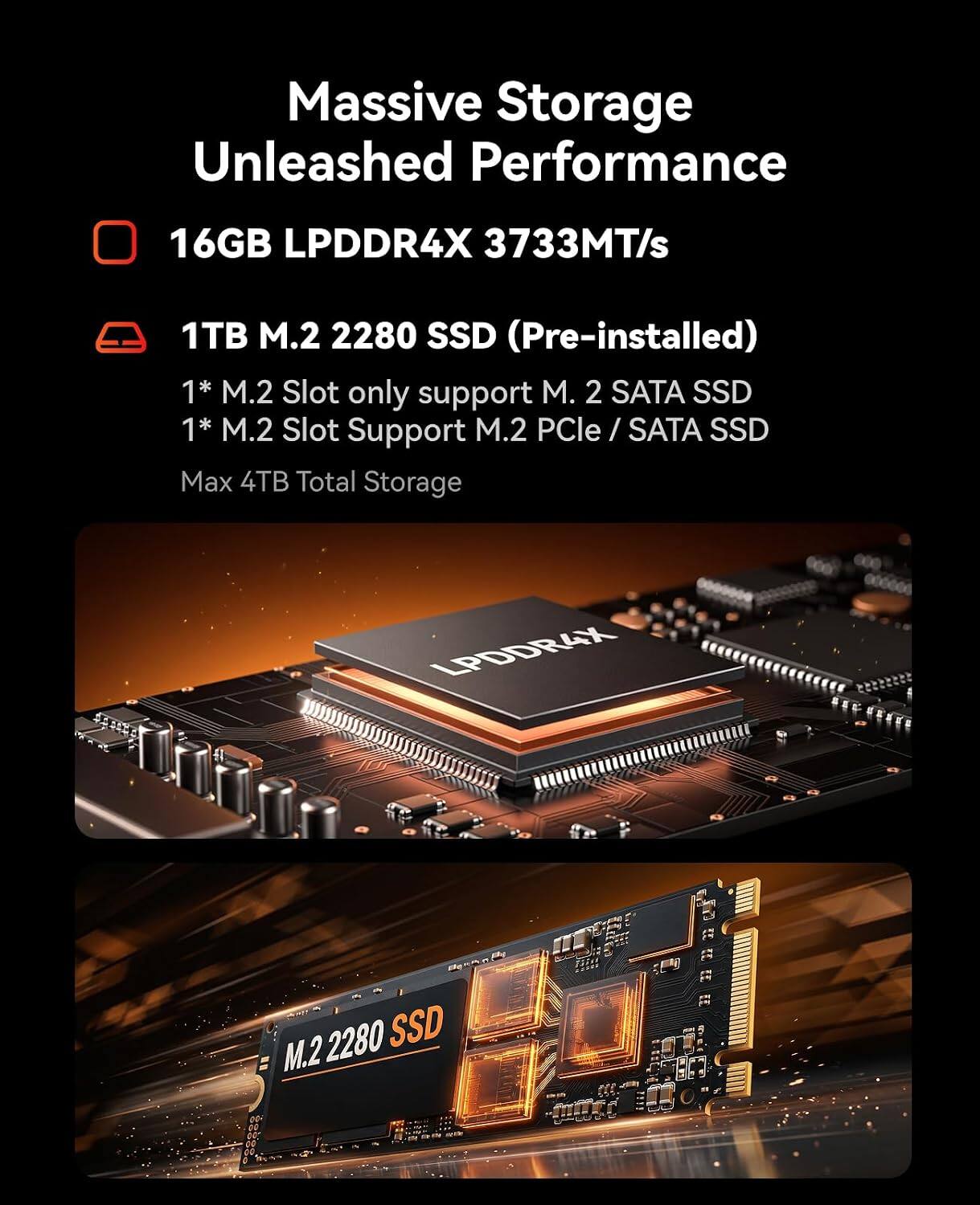 Massive Storage Unleashed Performance  
16GB LPDDR4X 3733MT/s  
1TB M.2 2280 SSD (Pre-installed)  
1* M.2 Slot only support M.2 SATA SSD  
1* M.2 Slot Support M.2 PCle / SATA SSD  
Max 4TB Total Storage