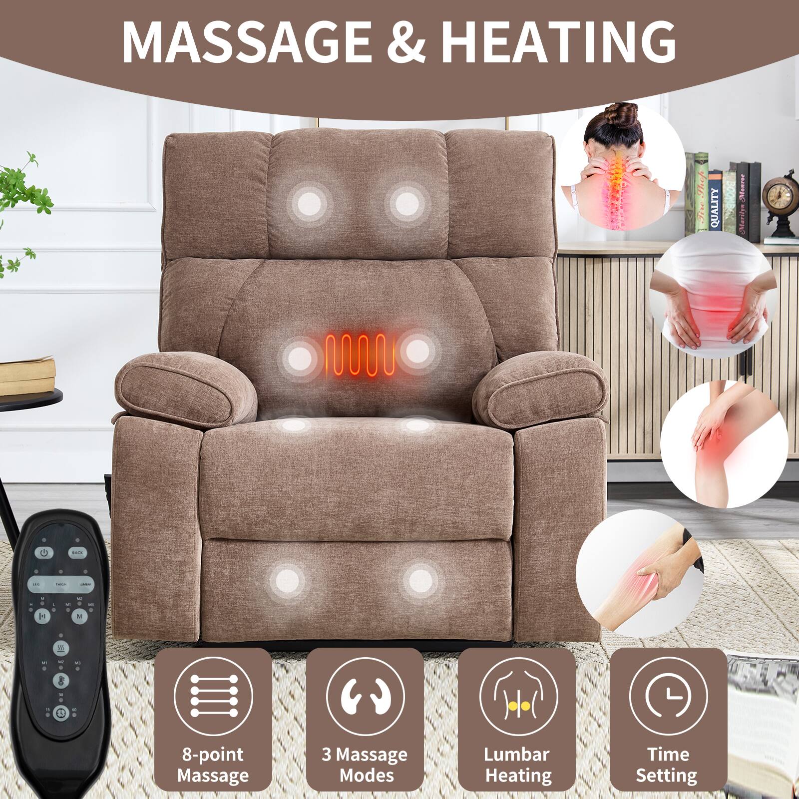 MASSAGE & HEATING

- 8-point Massage
- 3 Massage Modes
- Lumbar Heating
- Time Setting