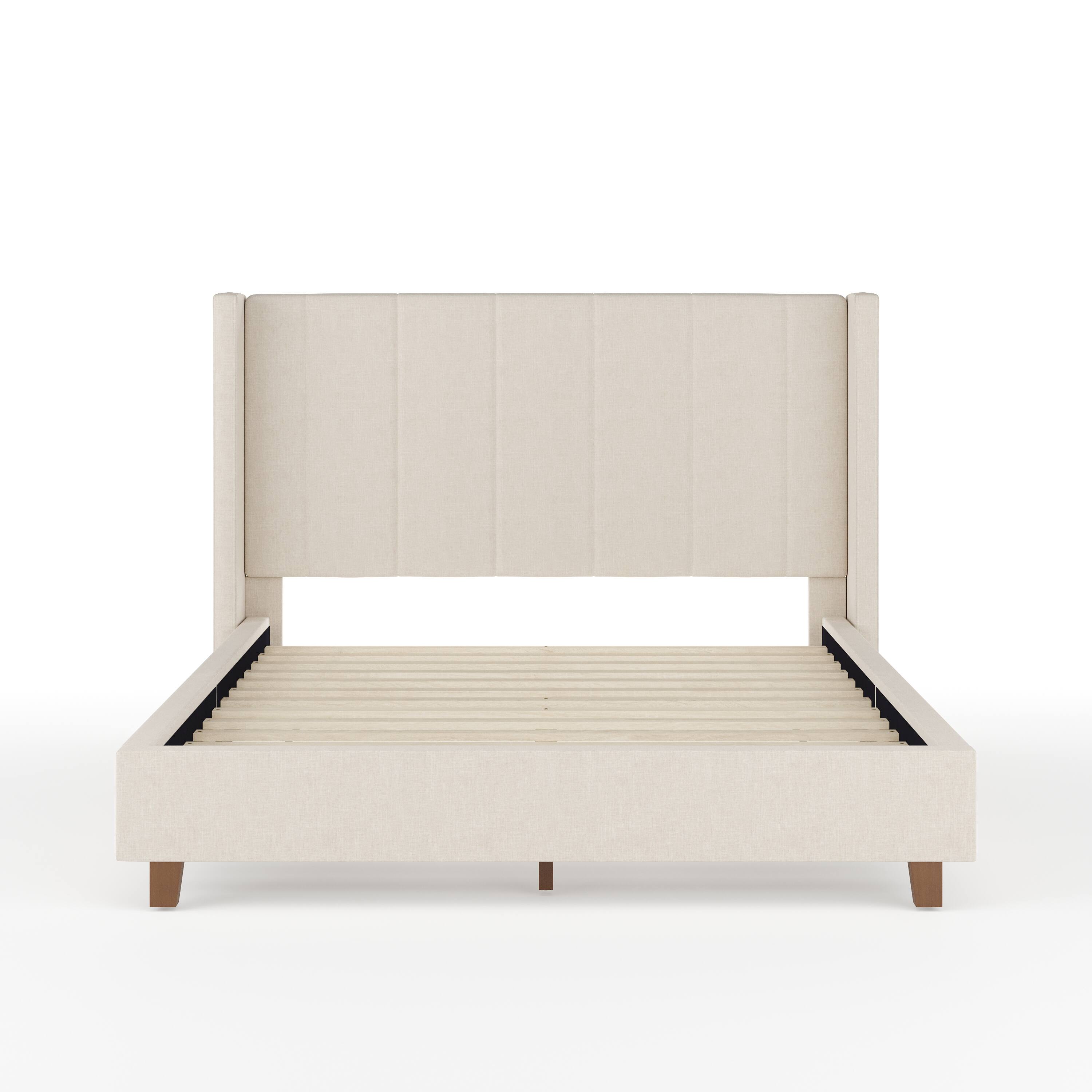 Alt View 18. Martha Stewart - Kay Faux Linen Full Size Platform Bed with Channel Stitched Headboard - Beige Fabric/Walnut Legs.