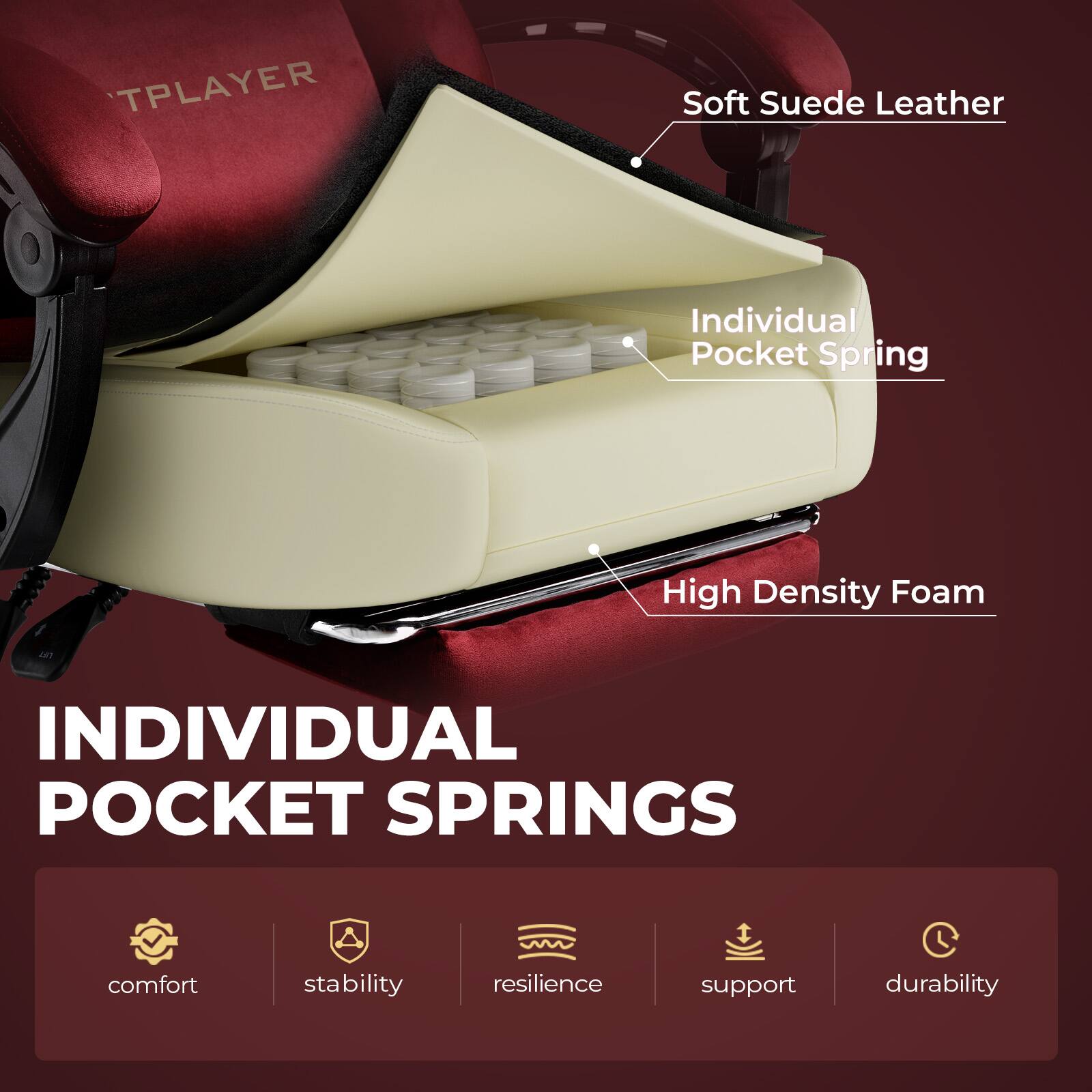 TPLAYER Soft Suede Leather Individual Pocket Spring High Density Foam INDIVIDUAL POCKET SPRINGS comfort stability resilience support durability