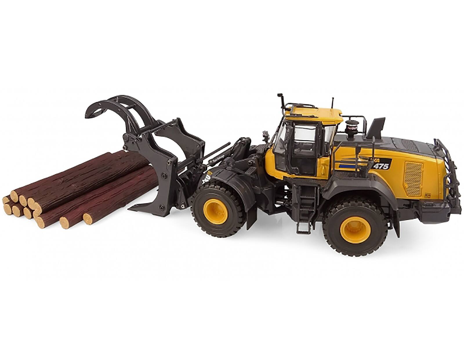 Alt View 1. Universal Hobbies - Komatsu WA475-10 Wheel Loader Yellow with Log Grapple and Log Accessories 1/50 Diecast Model by Universal Hobbies.