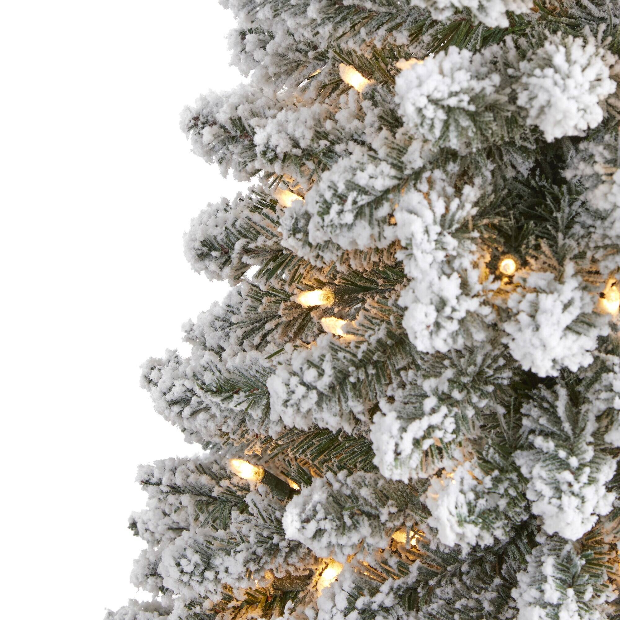 Left. BreeBe - 6’ Flocked Pencil Christmas Tree w/300 Lights & 438 Tips - Multicolor.
