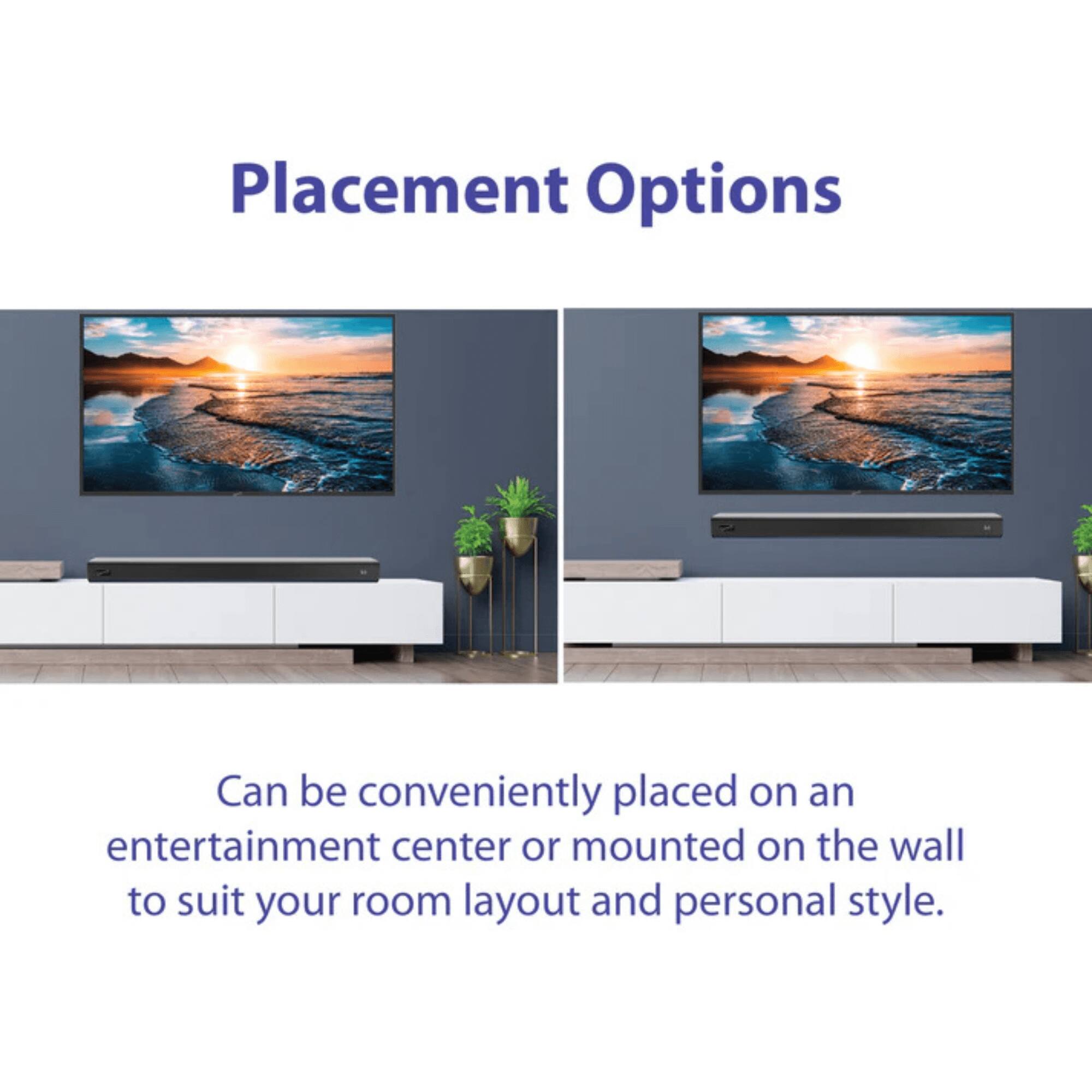Placement Options

Can be conveniently placed on an entertainment center or mounted on the wall to suit your room layout and personal style.
