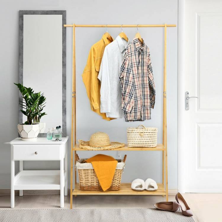 Back. Hivvago - Entryway Bedroom Wood Garment Clothes Hanging Rack with 2 Bottom Storage Shelves - Natural.