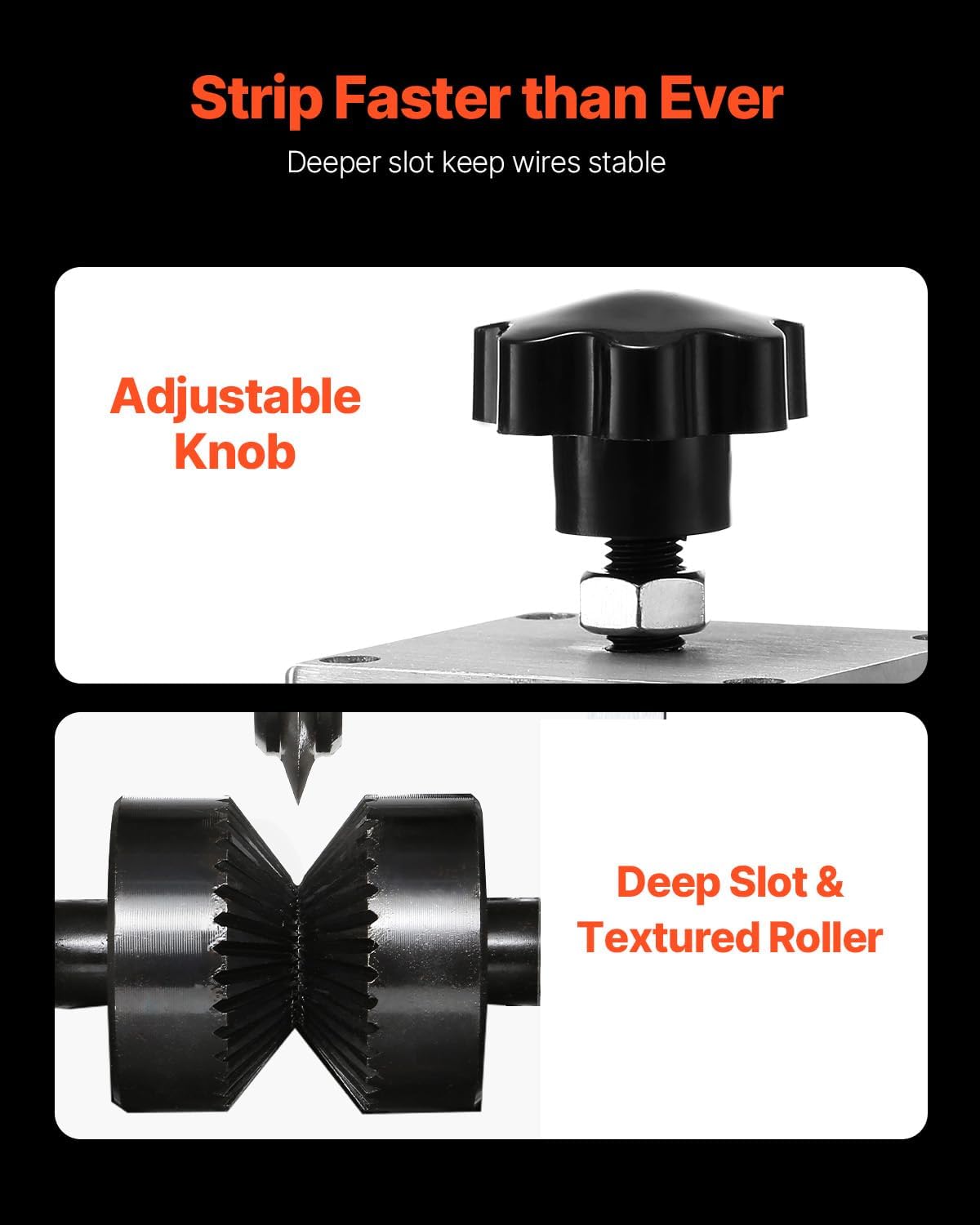Strip Faster than Ever  
Deeper slot keeps wires stable  
Adjustable Knob  
Deep Slot & Textured Roller
