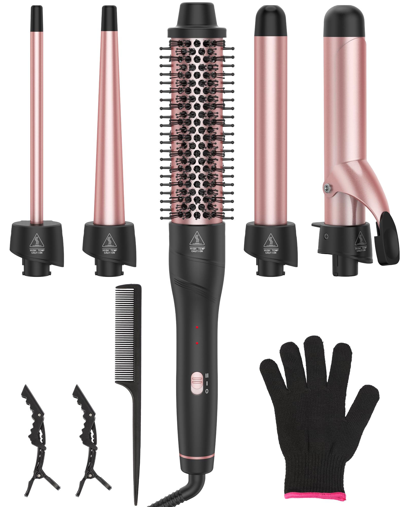Sure, here is the corrected and grouped text from the image:
---
**Hair Styling Tools**
- **Hair Straightener**
- **Hair Curler**
- **Round Brush**
- **Comb**
- **Hair Clips**
- **Hair Gloves**
**Caution:**
- **HIGH TEMP**
- **CAUTION**
---