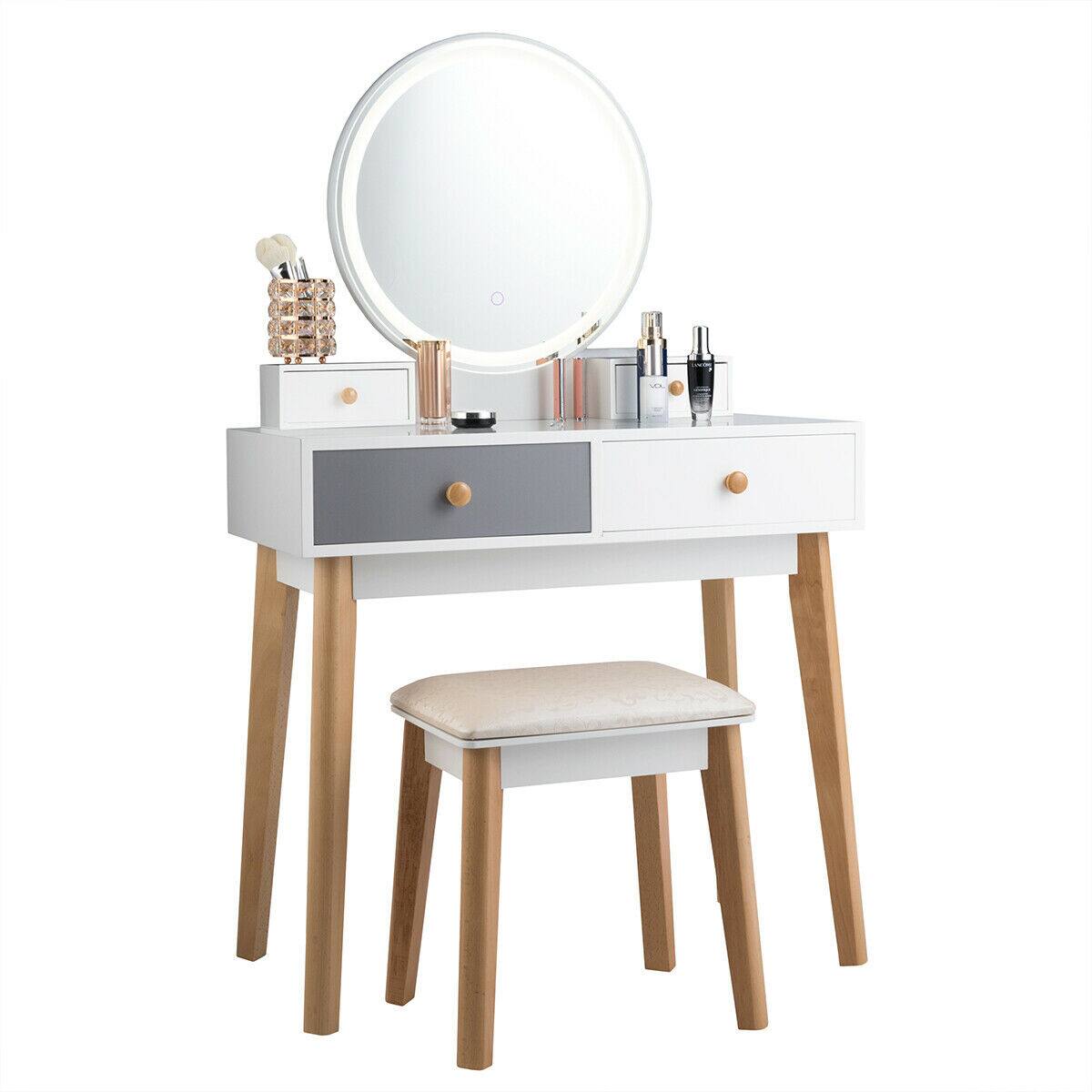 Alt View 2. Gymax - Gymax Makeup Dressing Vanity Table Set w/ Touch Screen Dimming Mirror Stool - as pic.