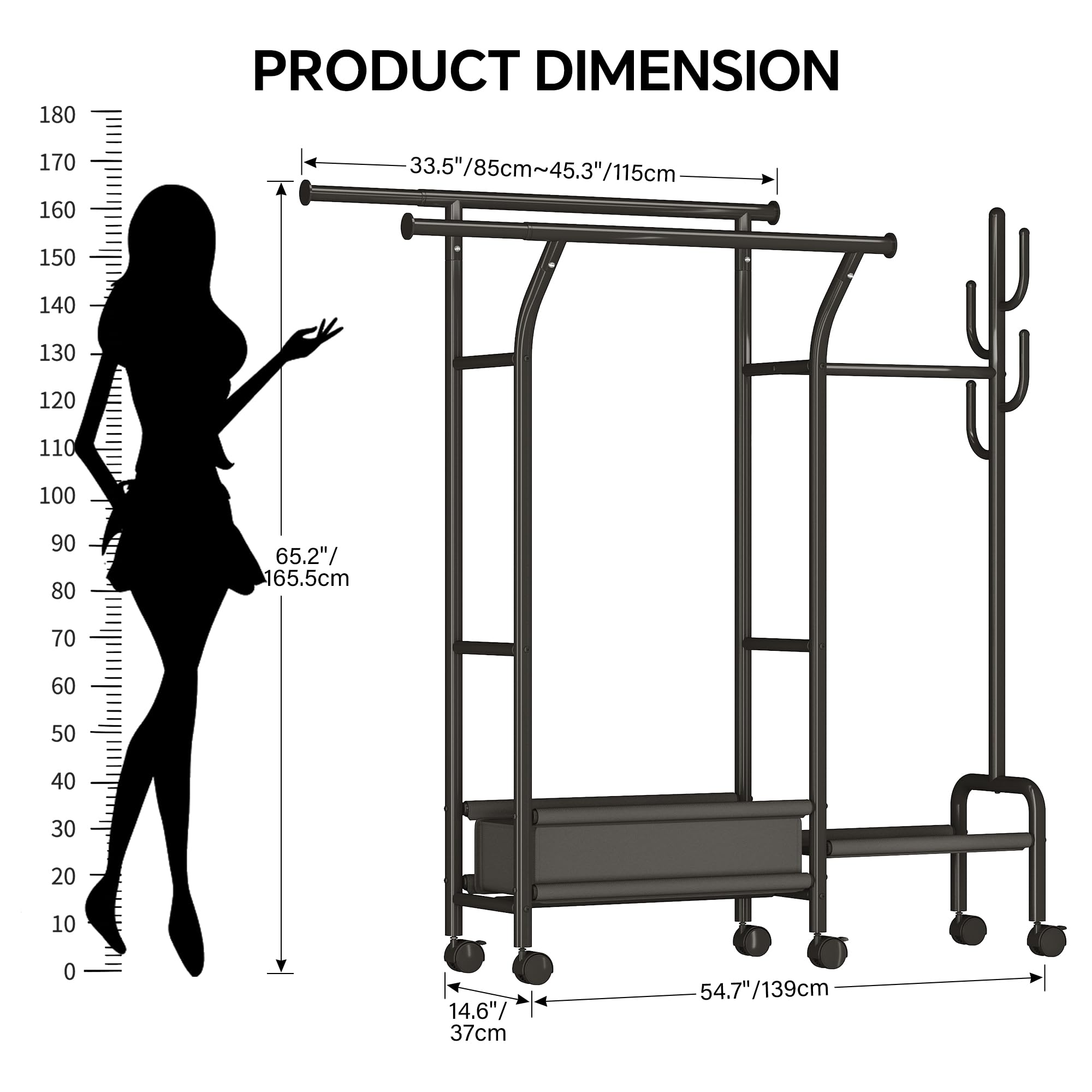 PRODUCT DIMENSION

- Height: 65.2"/165.5cm
- Width: 33.5"/85cm ~ 45.3"/115cm
- Depth: 54.7"/139cm
- Wheelbase: 14.6"/37cm