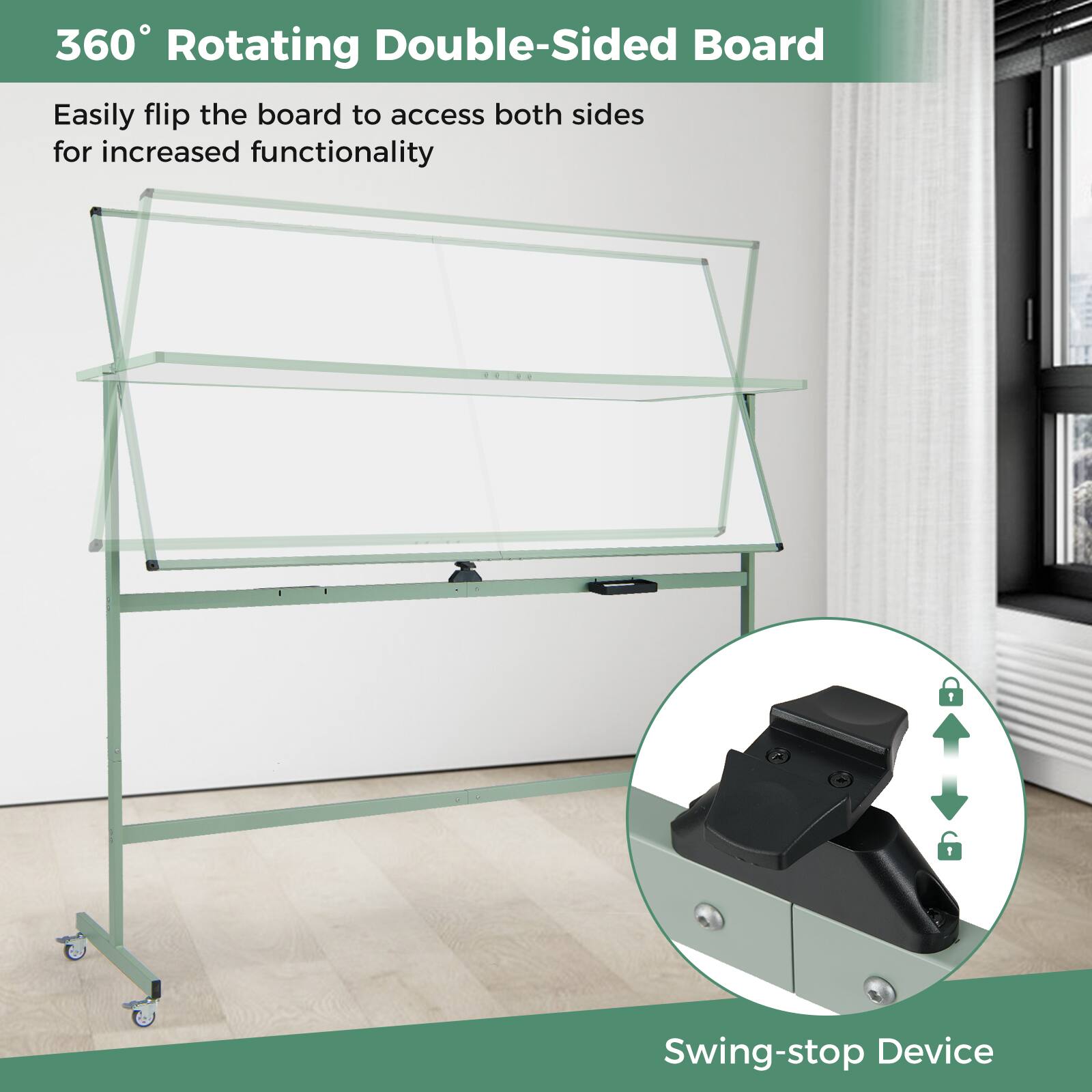360° Rotating Double-Sided Board

Easily flip the board to access both sides for increased functionality

Swing-stop Device