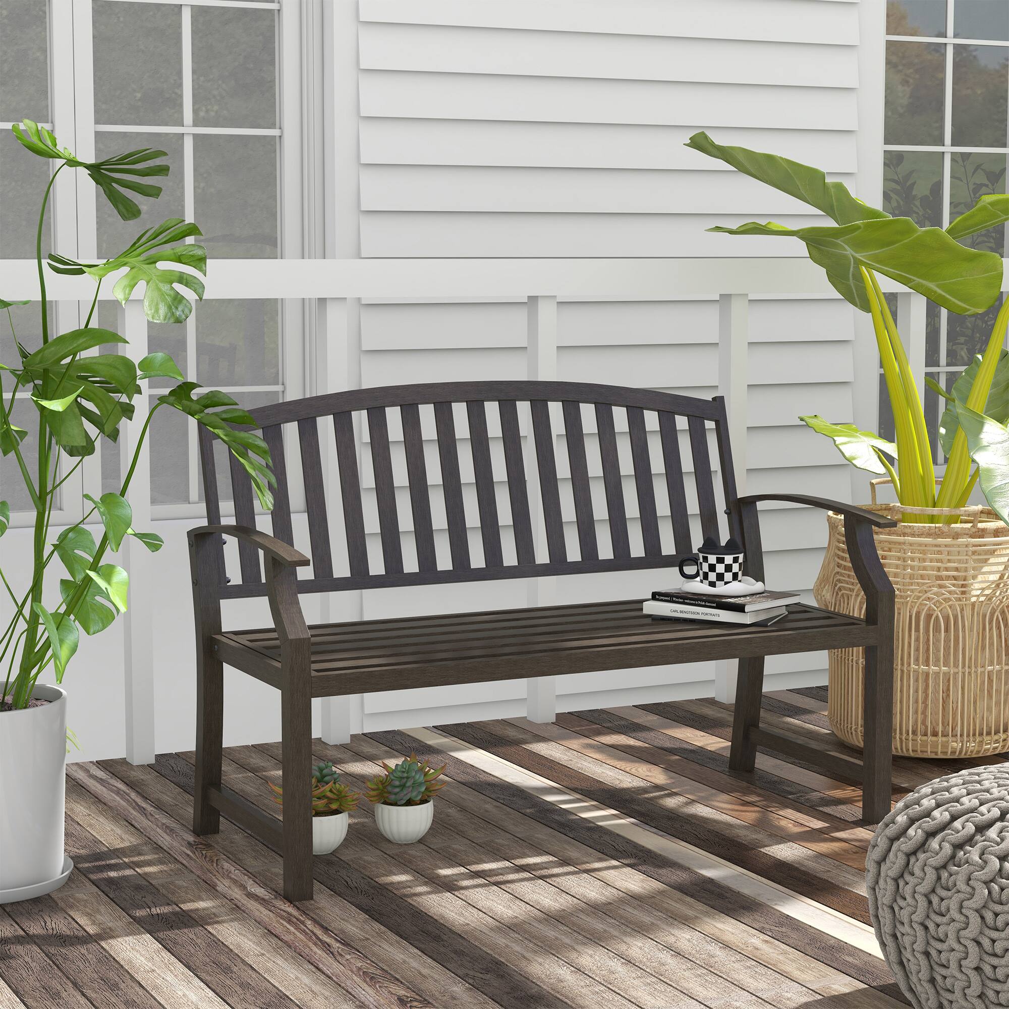 Alt View 1. Outsunny - 46" Outdoor Garden Bench, Metal Bench, Wood Look Slatted Frame Furniture for Patio, Park, Porch, Lawn, Yard, Deck - Brown.