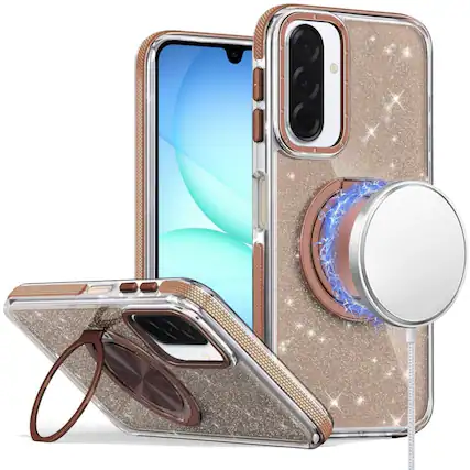 Front. Kitcheniva - Magnetic Circle Glitter Case For Samsung A17 5G With Ring Stand And Tempered Glass Gold - Gold.