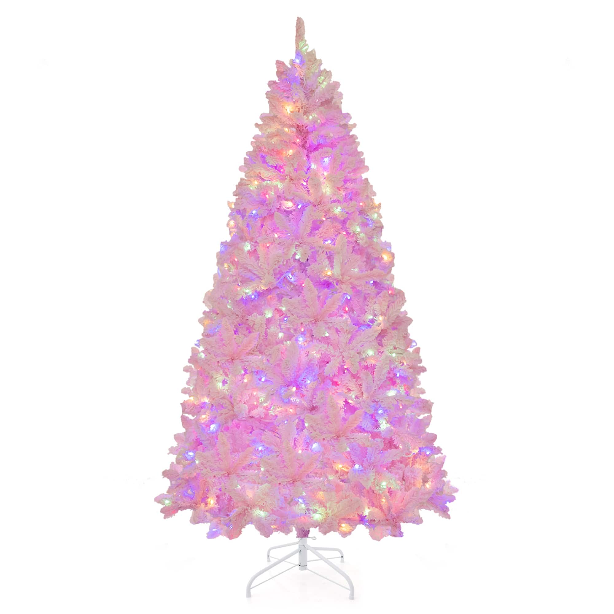 Costway - 7 FT Flocked Artificial Christmas Tree Hinged with 500 LED Lights 1200 Branch Tips - Pink